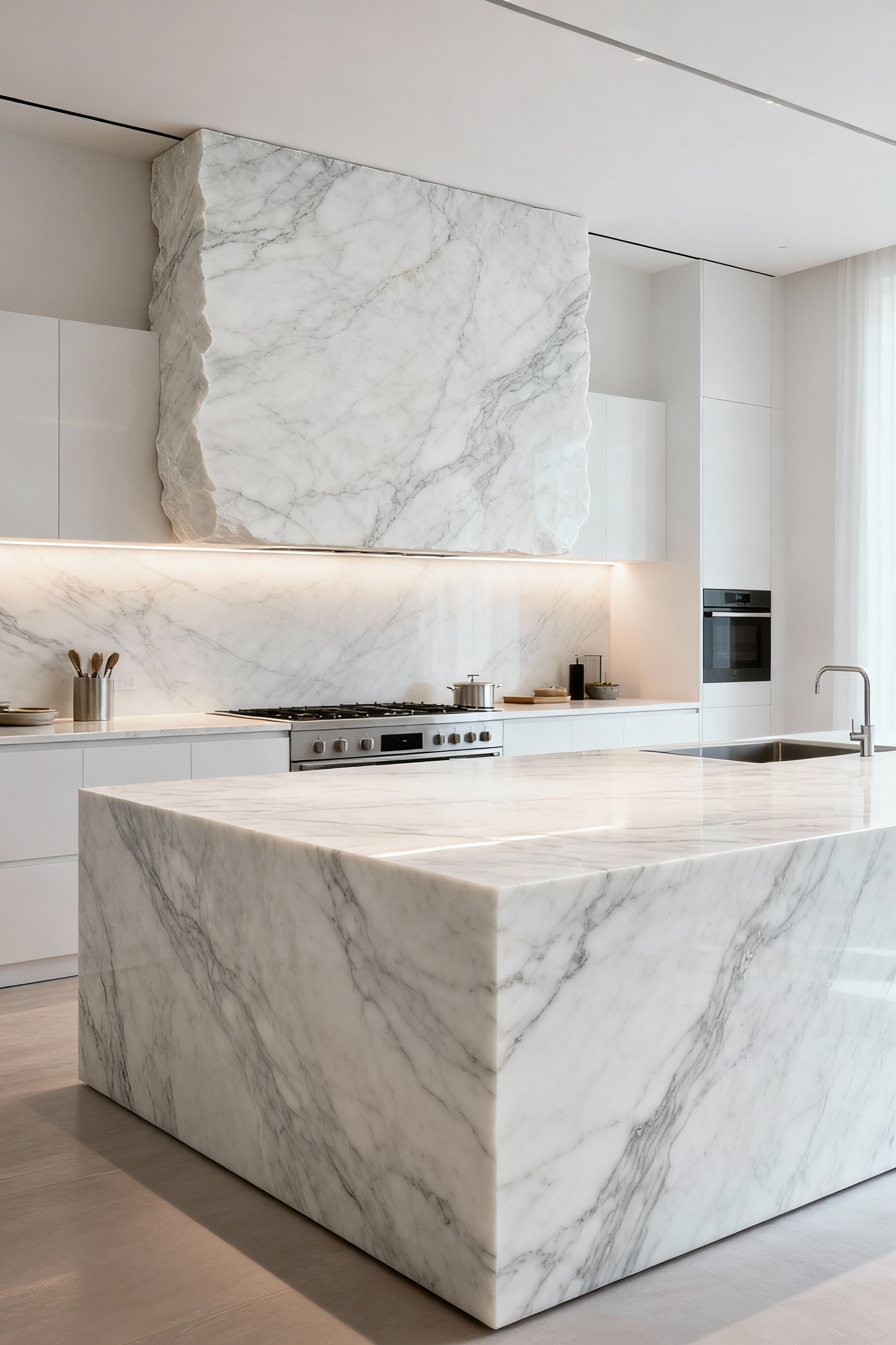 Modern kitchen with a floor-to-ceiling seamless architectural slab backsplash of white honed marble, reflecting subtle natural light.
