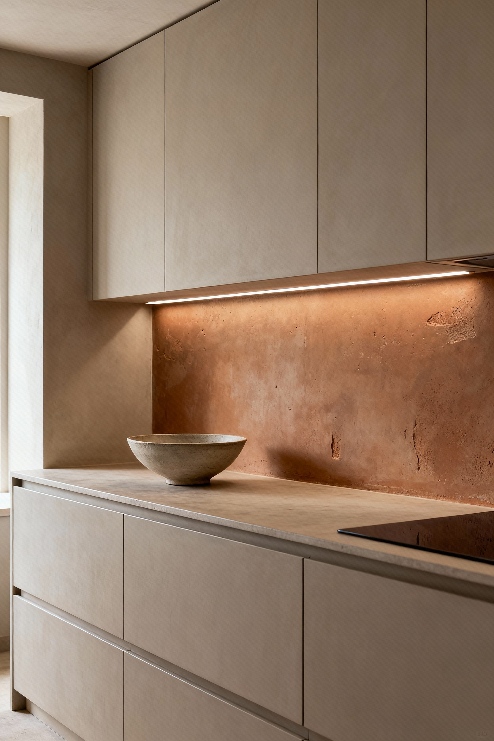 Close-up of a kitchen backsplash featuring Wabi-Sabi inspired unglazed terra cotta tiles, showcasing natural texture and intentional imperfections, against minimalist cabinets.