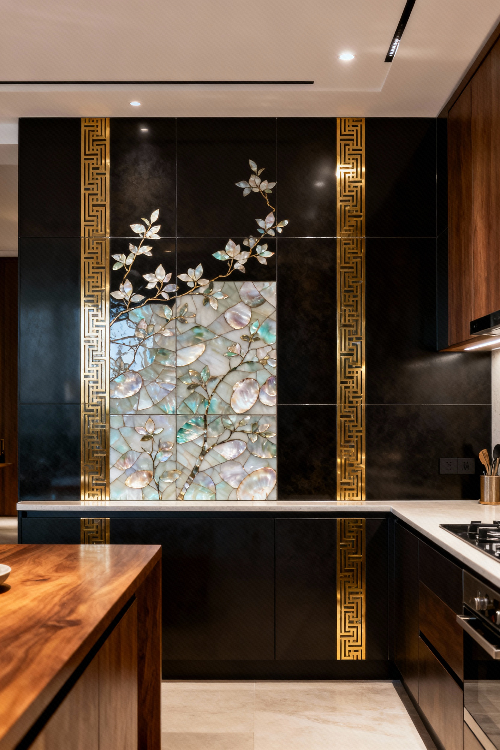 A modern kitchen backsplash featuring Vietnamese mother-of-pearl inlay and dark lacquered panels, combined with polished brass strips and subtle European geometric patterns, designed as a contemplative visual anchor. The image emphasizes the material dialectic and sophisticated lighting.