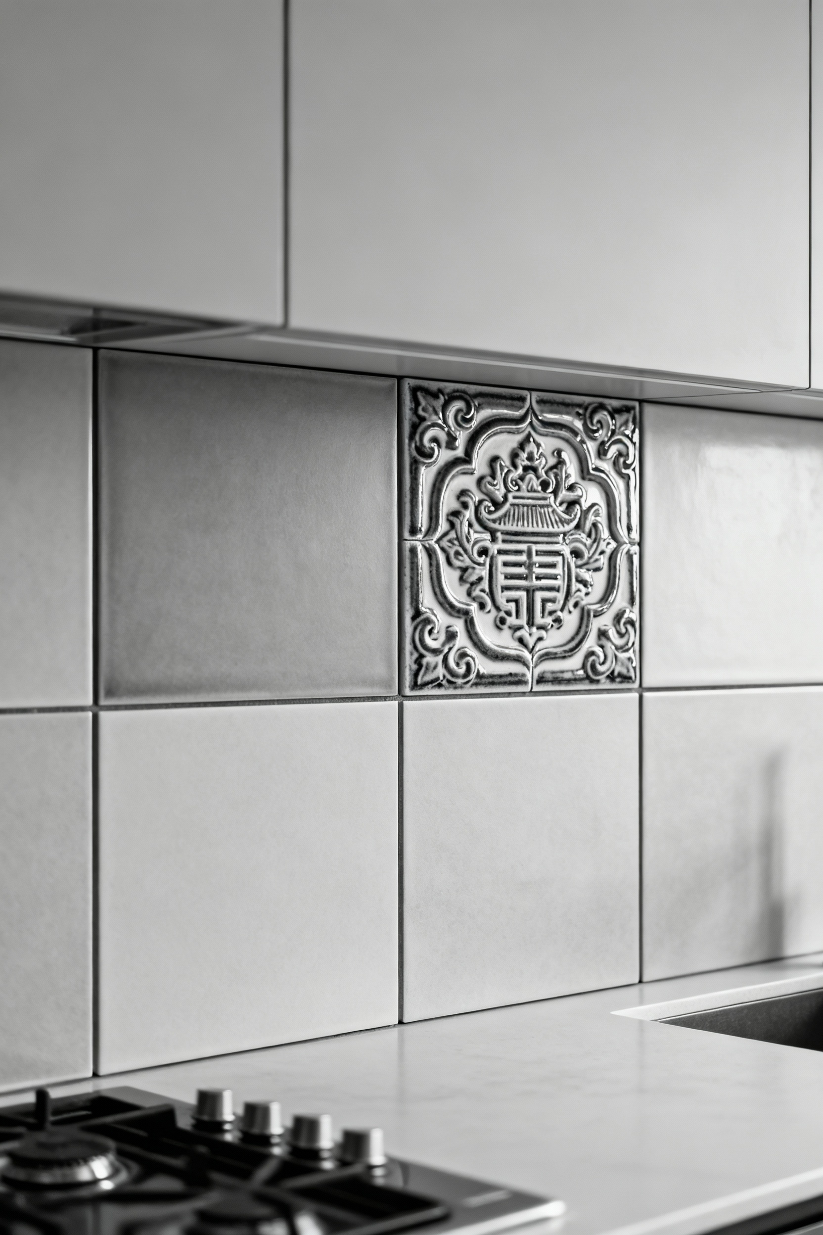 A sophisticated kitchen featuring a modular backsplash with easily removable panels. One panel displays vibrant Vietnamese Bát Tràng ceramic tiles, while another shows sleek European porcelain, demonstrating aesthetic adaptability and modern kitchen design.