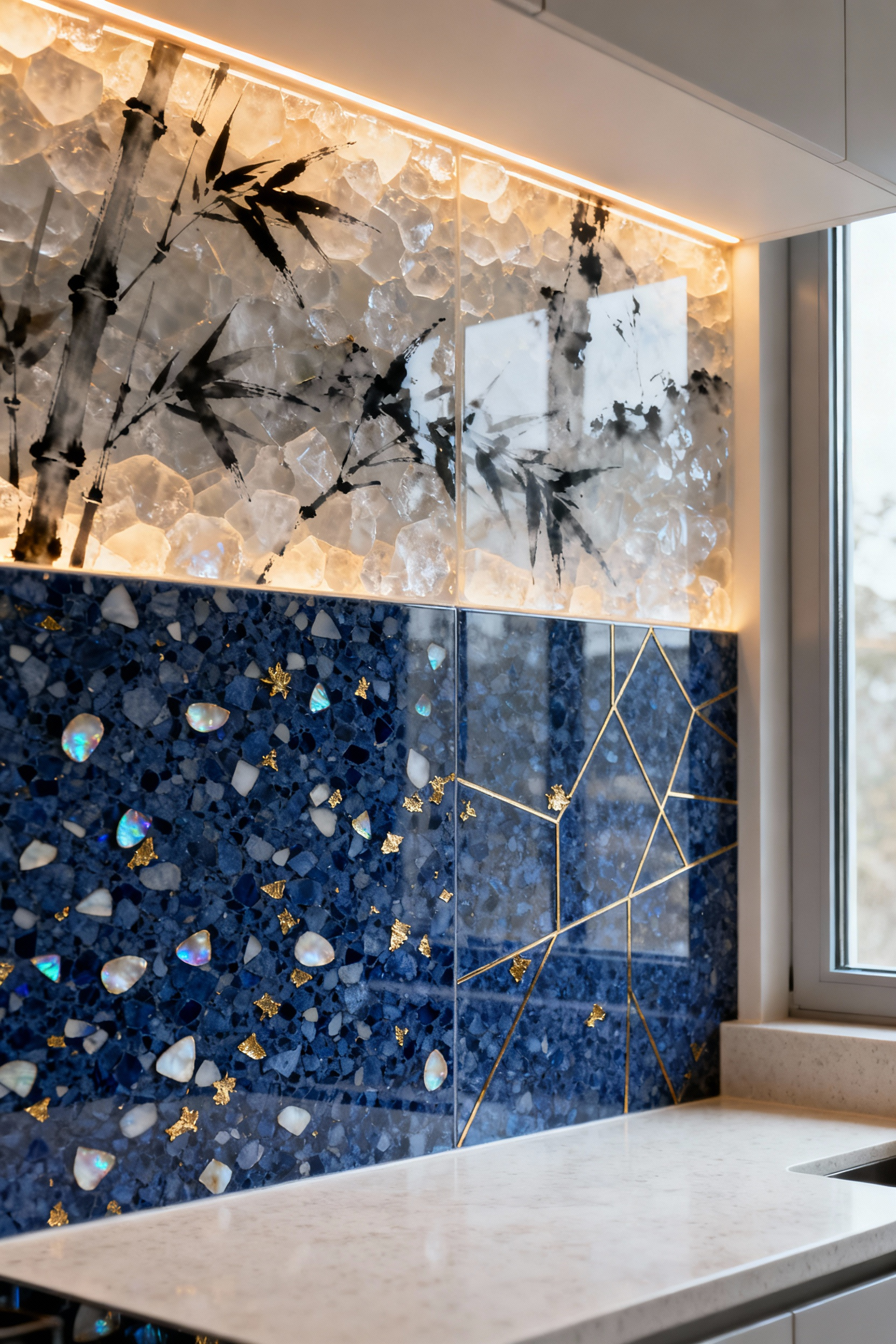 Modern kitchen backsplash with crystallized resin and terrazzo, featuring embedded Asian-inspired patterns and integrated backlighting for an eclectic and sophisticated look.