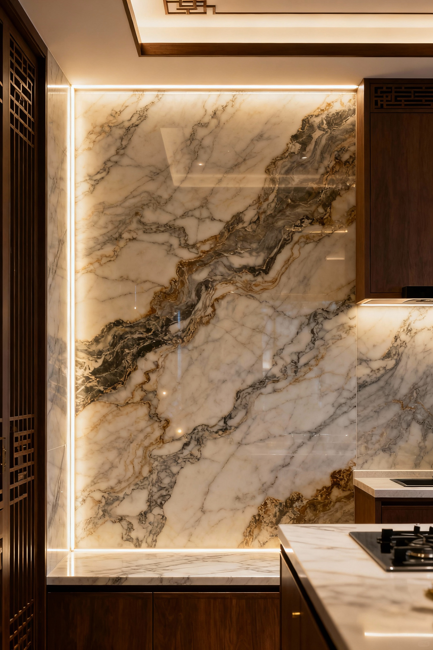 Modern kitchen backsplash with linear LED backlighting, showcasing glowing marble for a dramatic ambiance.