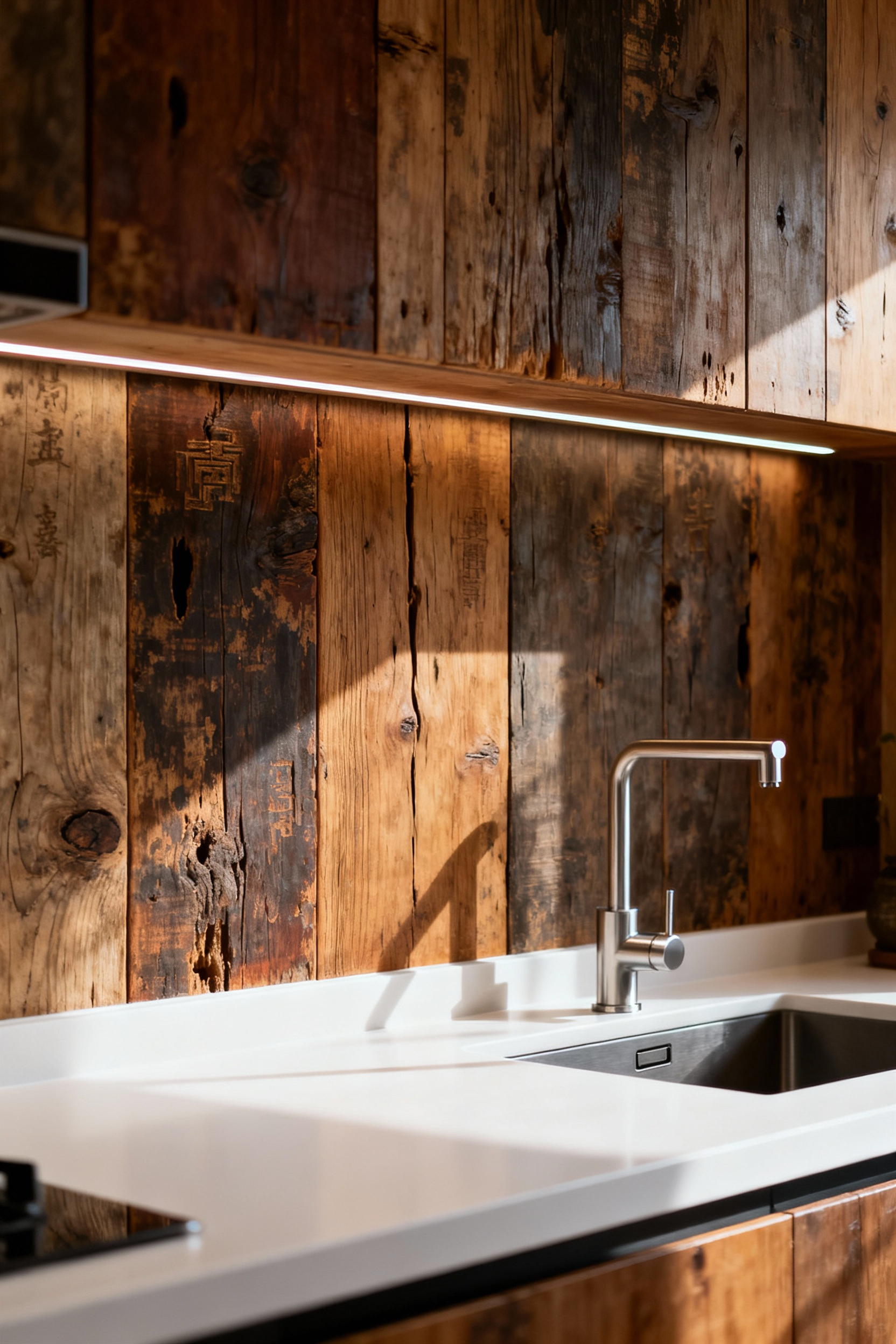 Kitchen backsplash made of reclaimed wood panels, showcasing rustic sophistication, natural texture, and historic patina in a modern culinary space.