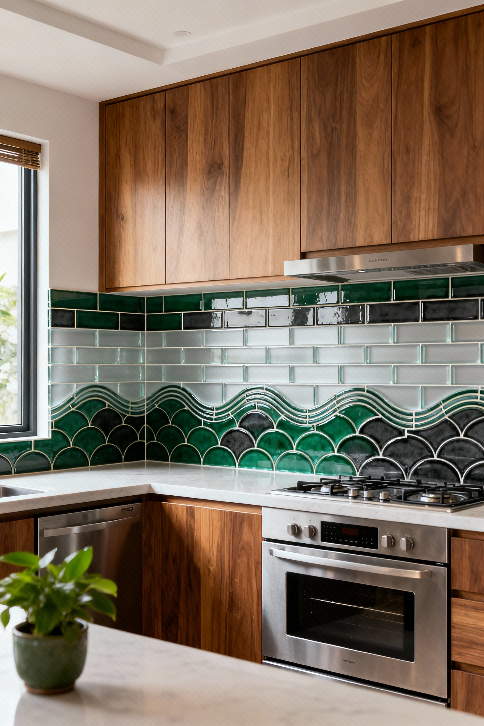 Kitchen backsplash design with Feng Shui principles, featuring Vietnamese chúm tiles in a wave pattern and European Métro glass tiles under natural light, balancing elements.
