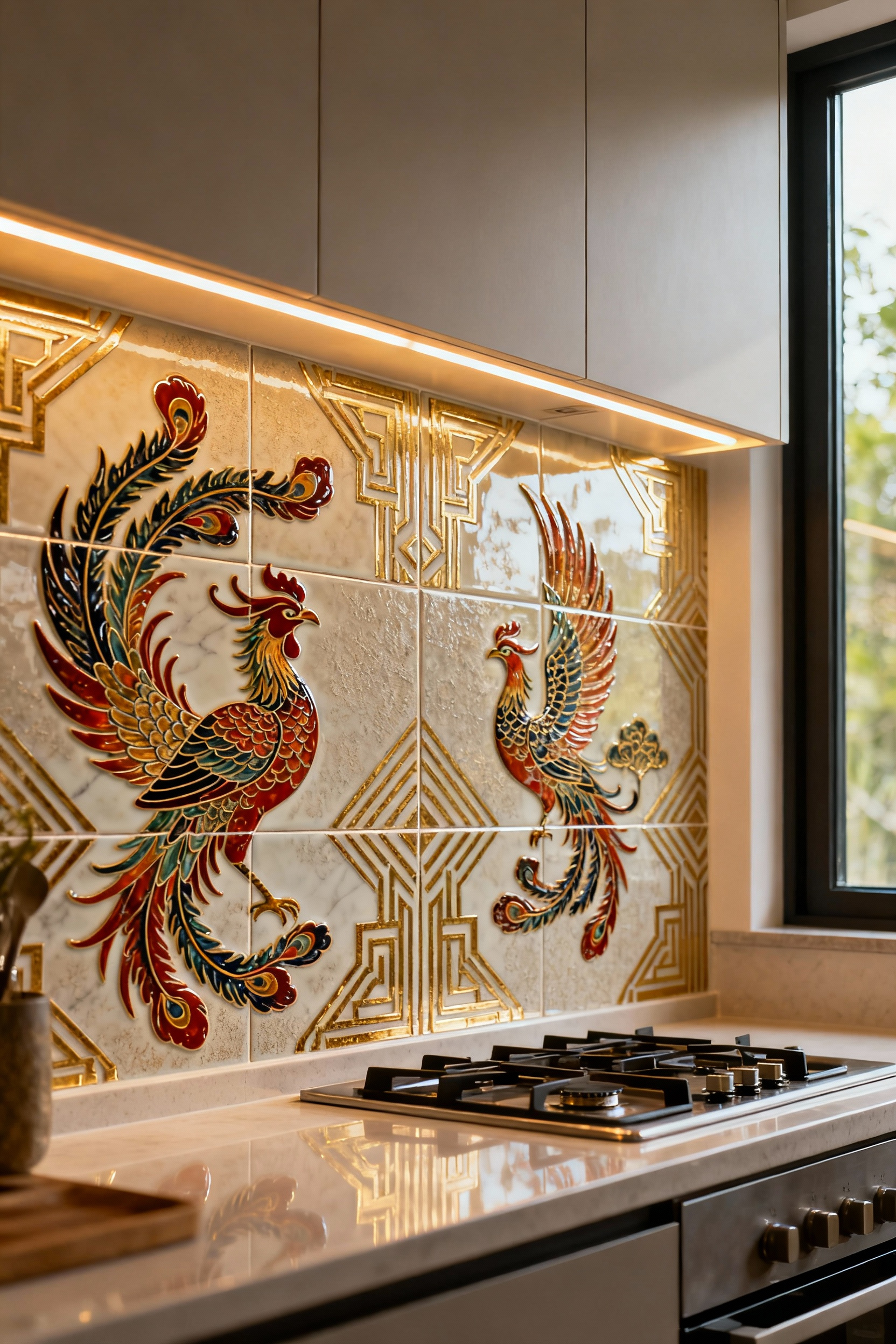 Luxurious kitchen backsplash showcasing narrative tile artistry with Vietnamese phoenix and European Art Deco patterns in a portrait orientation.