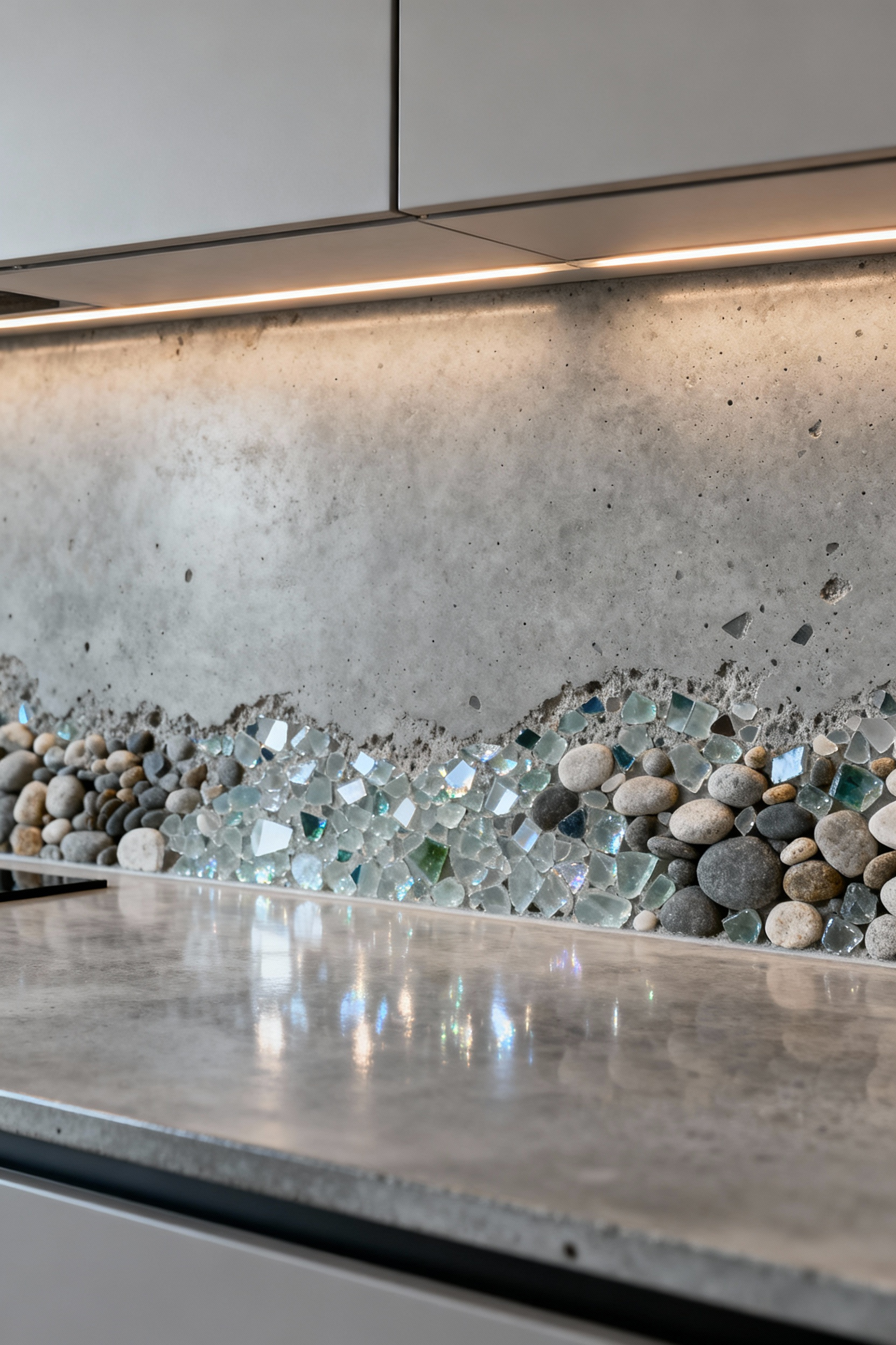 Modern kitchen backsplash showing a transition from smooth polished concrete to exposed aggregate concrete with embedded materials, representing industrial chic design.