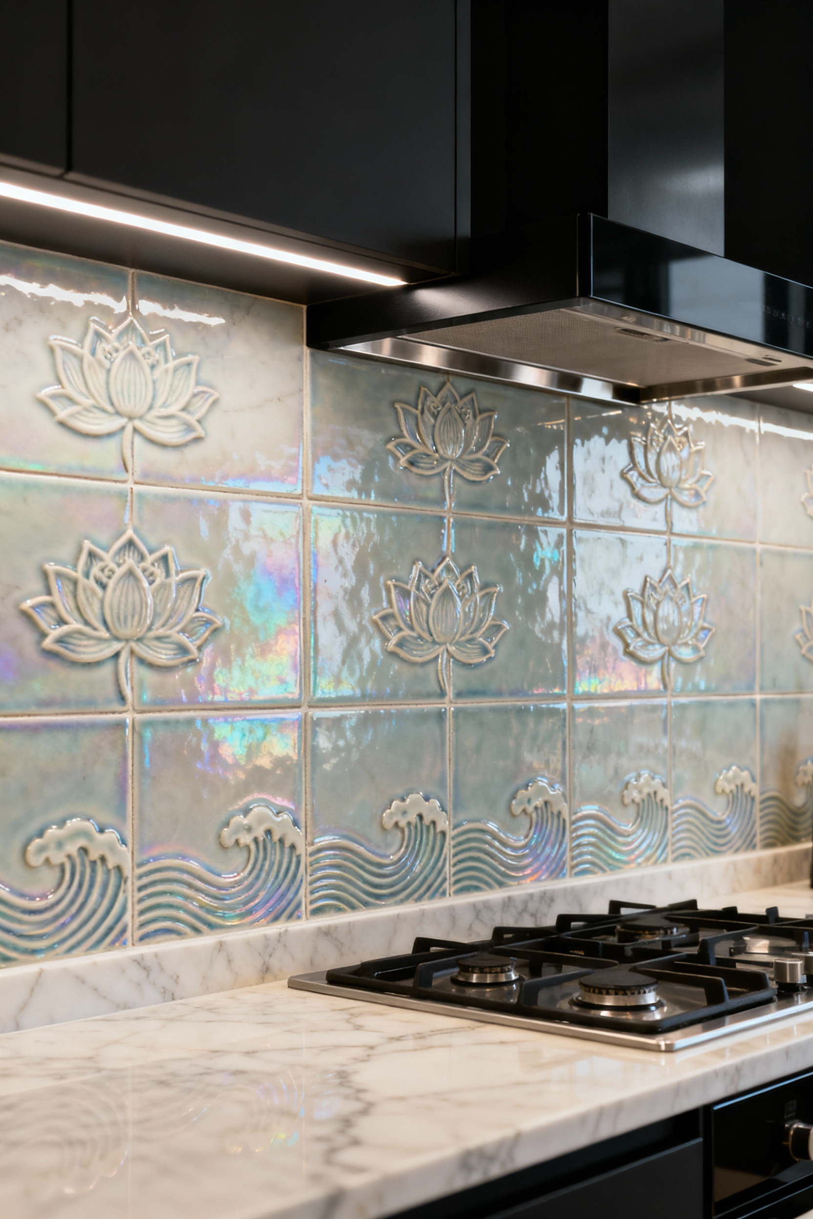A detailed view of a purposeful kitchen backsplash featuring iridescent Vietnamese lotus and wave ceramic tiles set within a matte-black steel frame, complemented by polished French limestone, showcasing an Ikigai design concept.