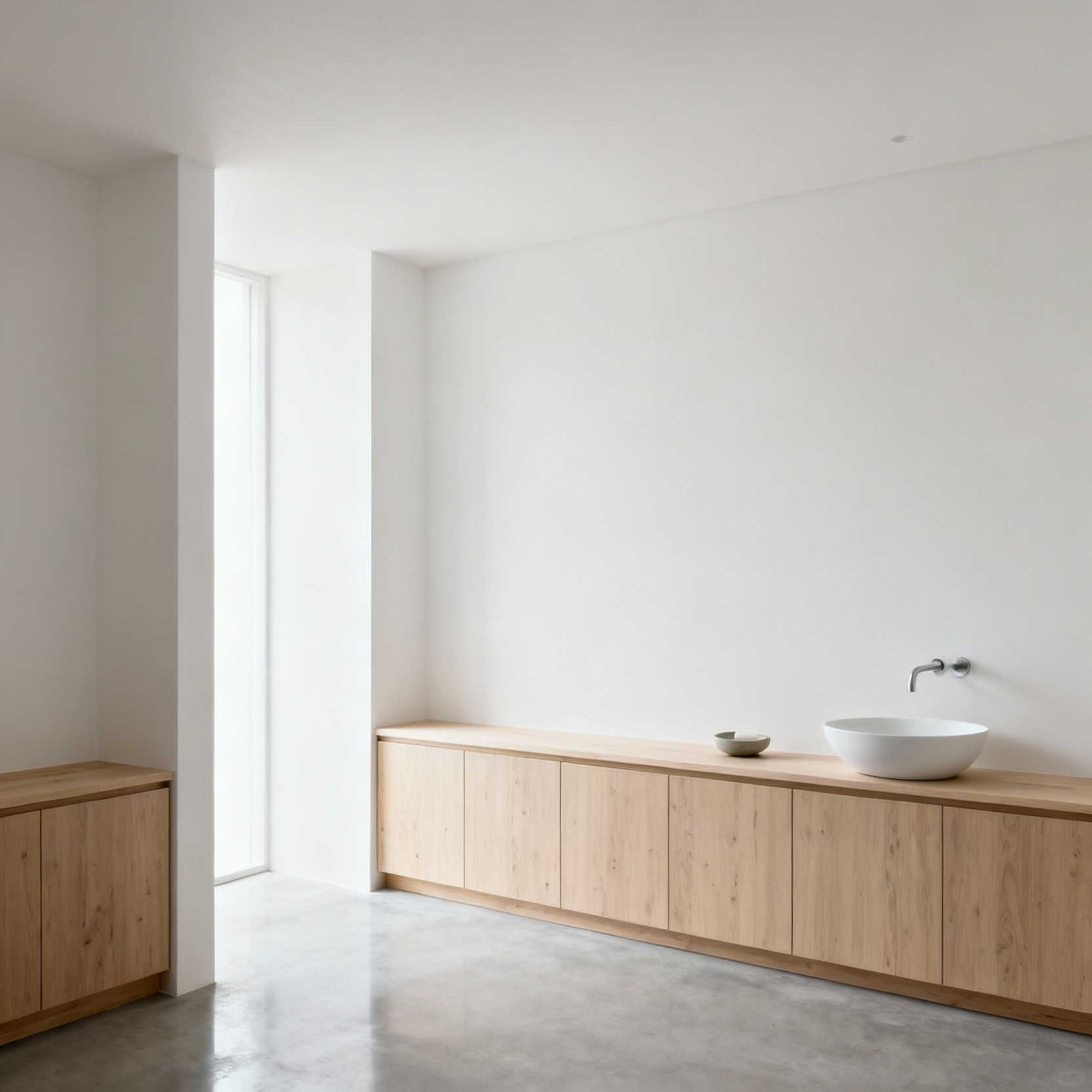 A minimalist Zen-inspired small bathroom with seamless white walls, light wood integrated storage, a simple white basin, and natural light, perfectly embodying the Ichiban philosophy of radical decluttering and appreciation for negative space.