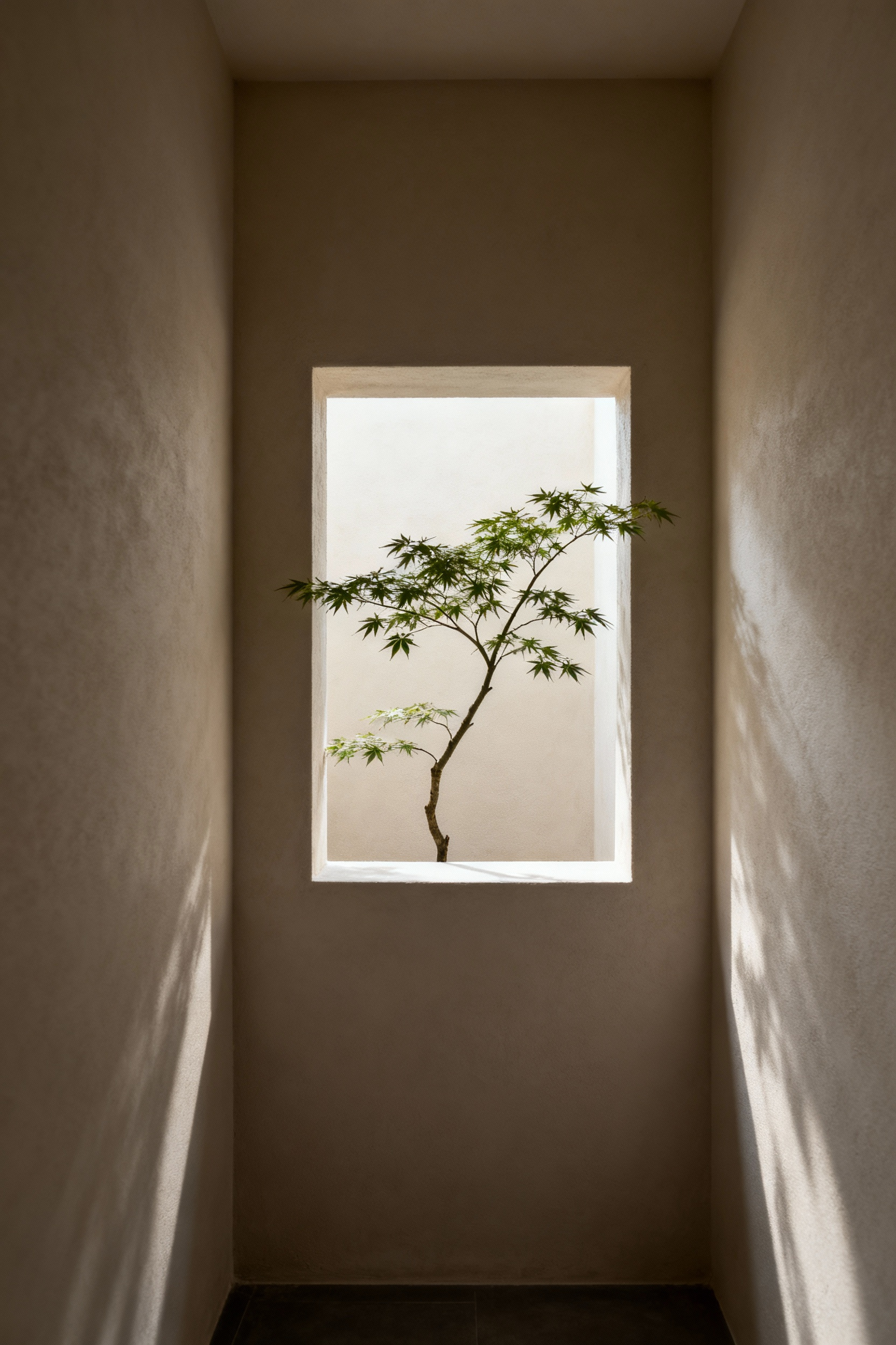 Portrait view of a small Zen bathroom with a recessed window framing a Japanese maple branch, illustrating deliberate sightlines and a serene focal point.