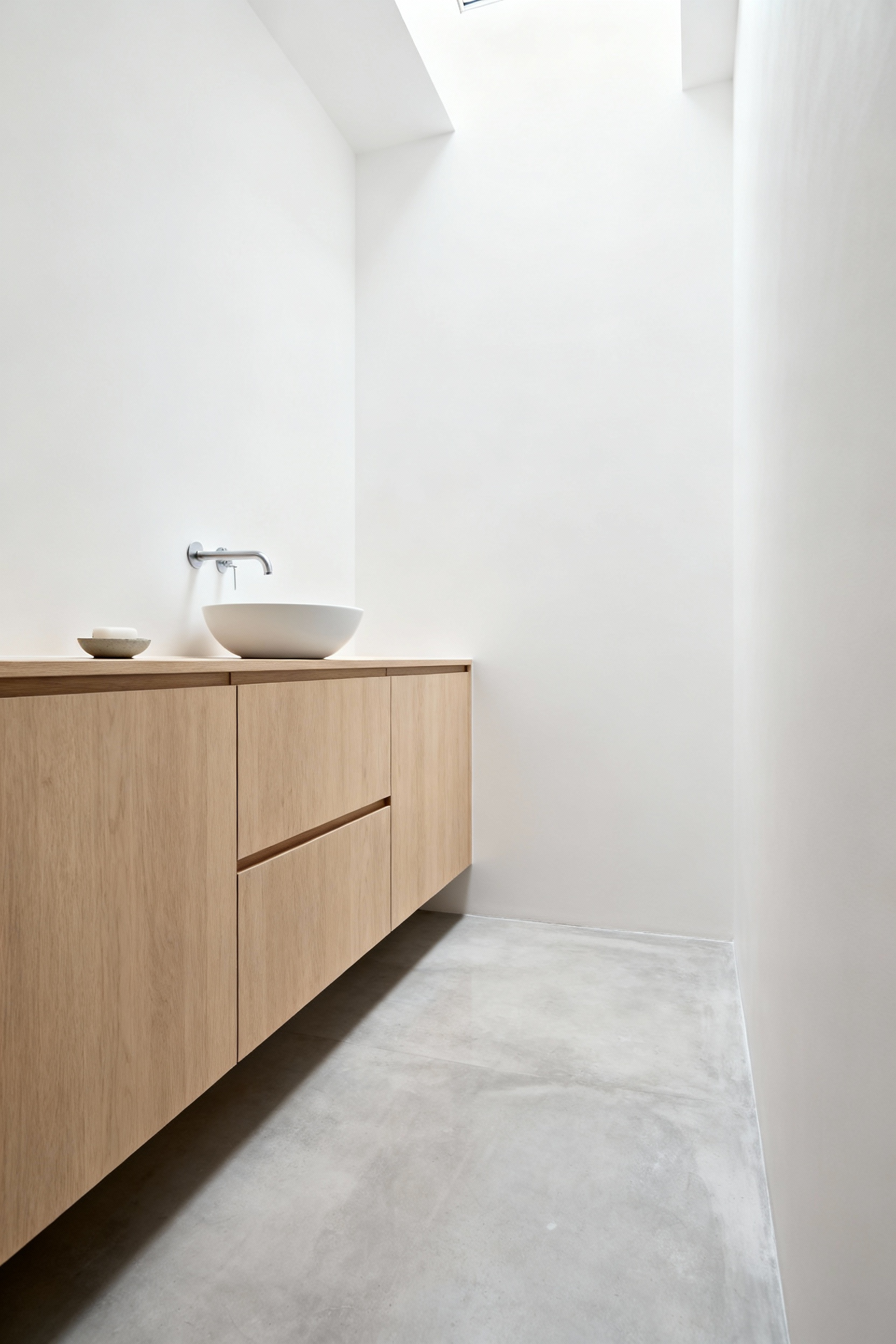 A minimalist Zen-inspired small bathroom with seamless white walls, light wood integrated storage, a simple white basin, and natural light, perfectly embodying the Ichiban philosophy of radical decluttering and appreciation for negative space.