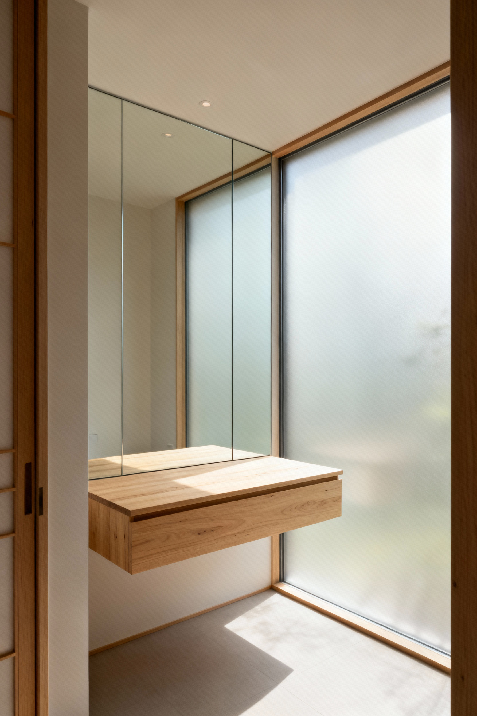 Zen-inspired small bathroom with a large frameless mirror reflecting a frosted window, showcasing a floating cypress wood vanity, designed to expand perceived space and light using strategic reflective surfaces.