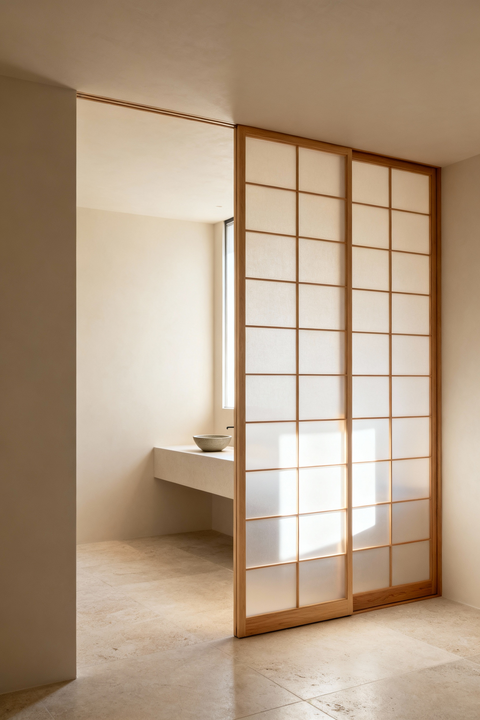 A serene small Zen bathroom with elegant shoji screens gently dividing the space, diffused natural light creating a calm ambiance.
