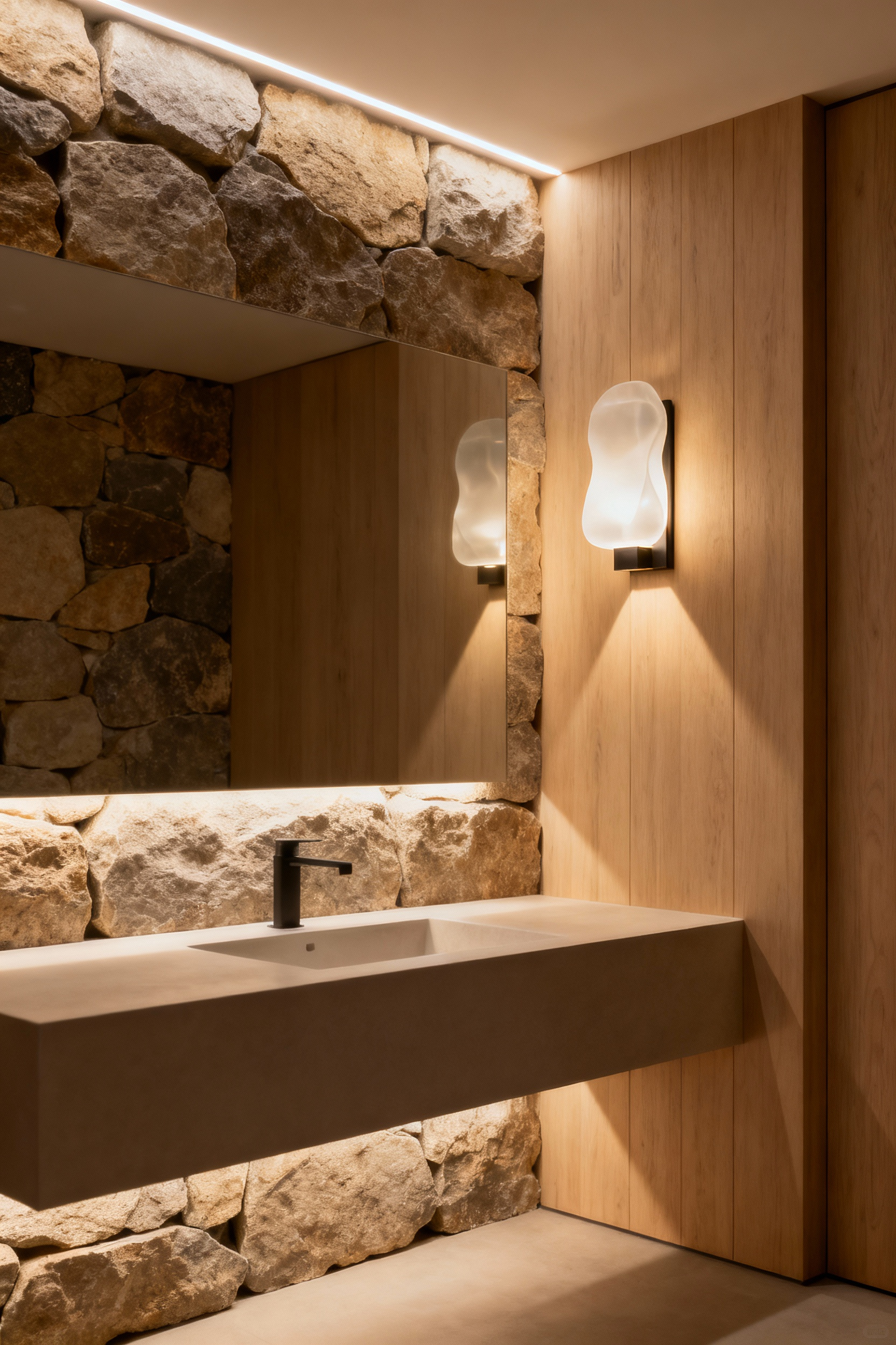 Small Zen bathroom with soft, layered Andon luminosity, indirect lighting from concealed LED strips and translucent wall sconces creating a calm, expansive feel with natural stone and wood textures.