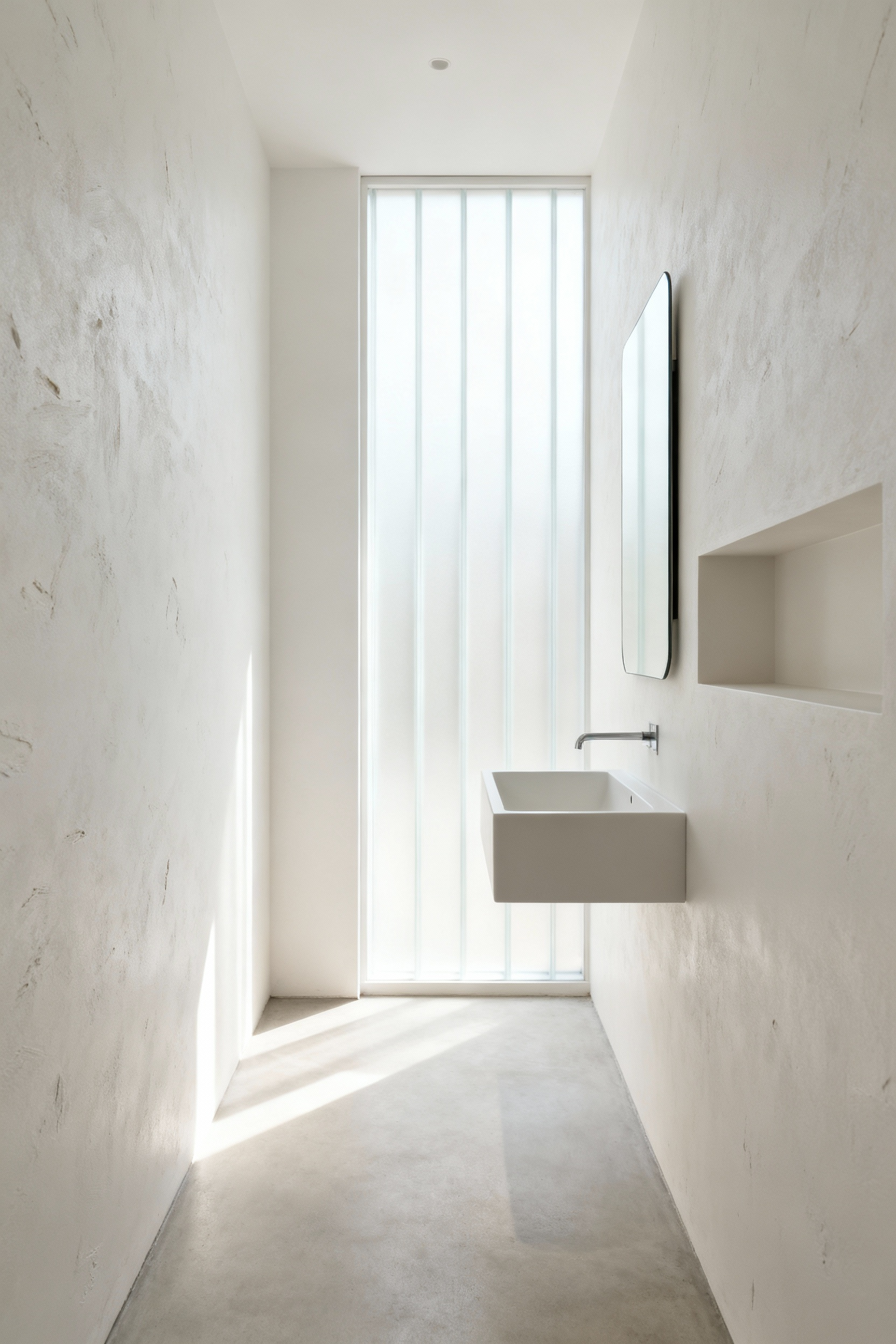 A portrait view of a serene, minimalist small bathroom showcasing the concept of 'Ma' (negative space) with pristine white walls, a wall-mounted basin, and soft natural lighting to create visual tranquility.
