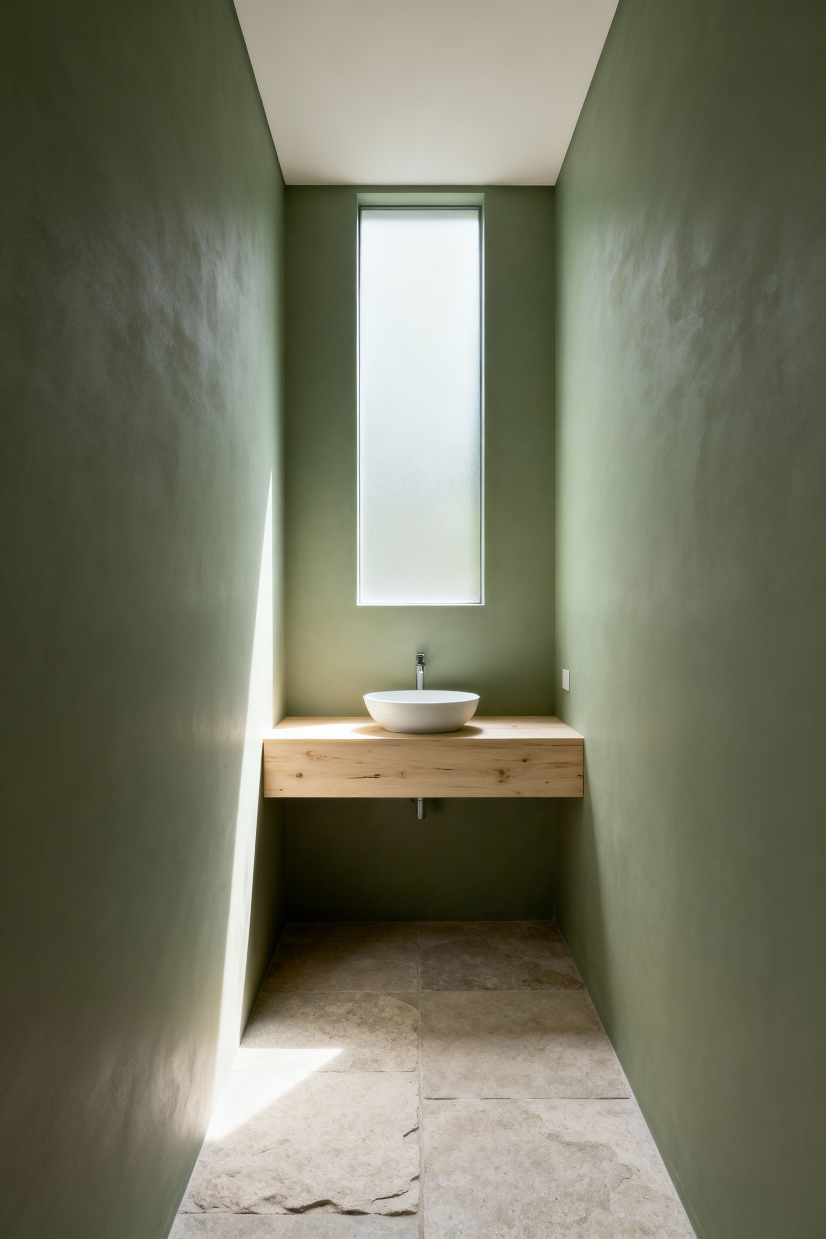Serene small bathroom showcasing understated hues, soft sage walls, a floating light wood vanity, and a natural stone floor under diffused lighting.