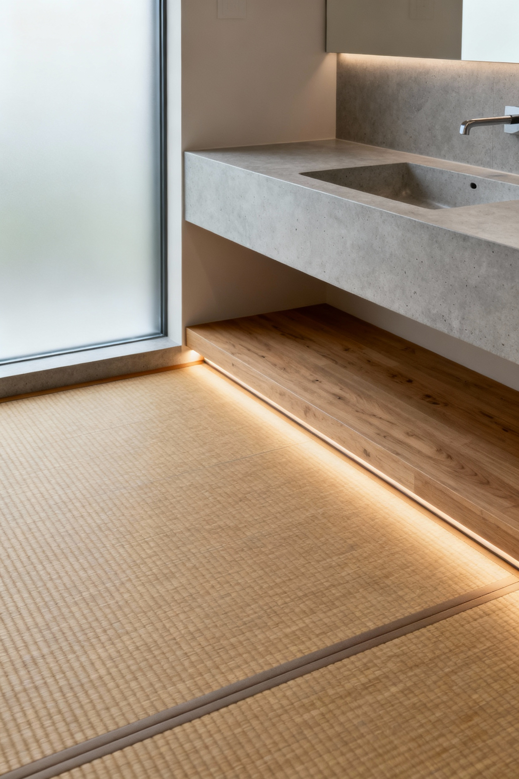 Zen small bathroom with tatami-inspired flooring and seamless low-profile countertop, natural light, minimalist design.