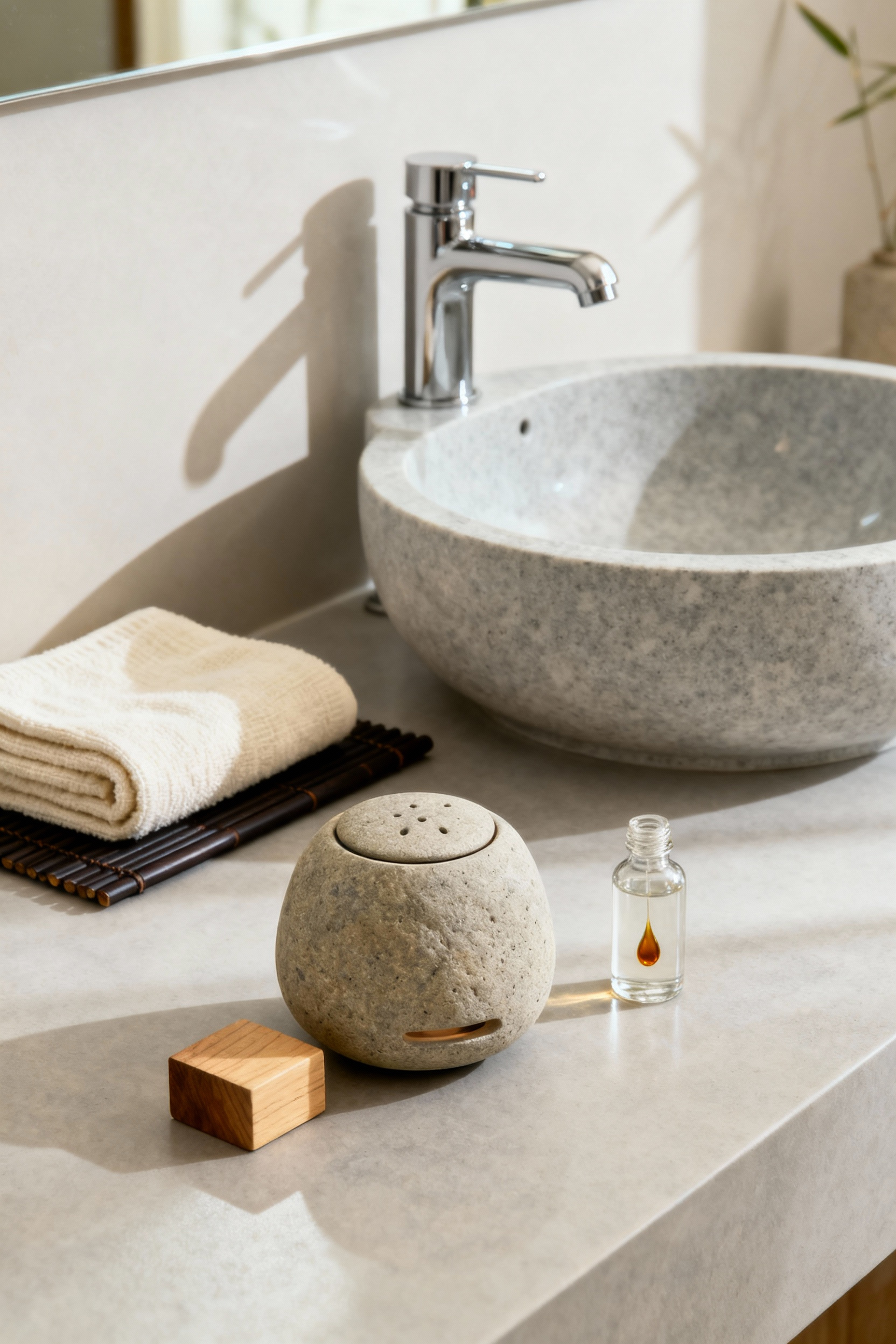 Zen-inspired small bathroom featuring a minimalist ceramic stone essential oil diffuser and hinoki wood block, creating a serene atmosphere with natural fragrances.