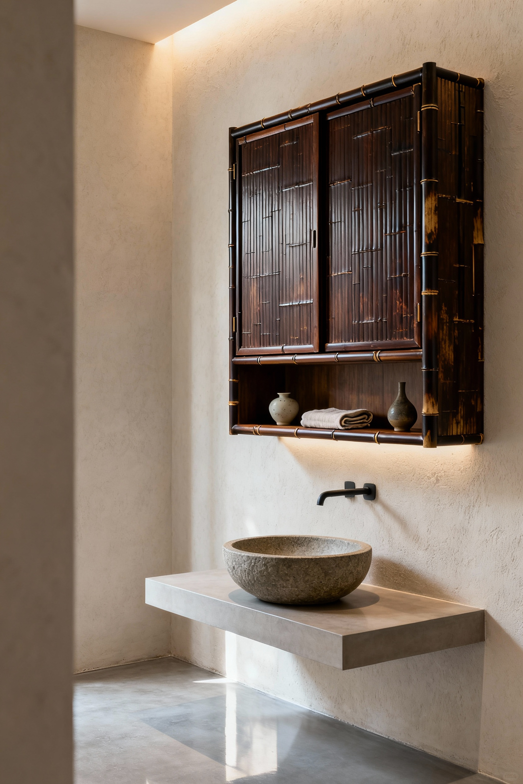 Zen small bathroom with dark bamboo Tansu wall-mounted storage unit, minimalist design, vertical space optimization