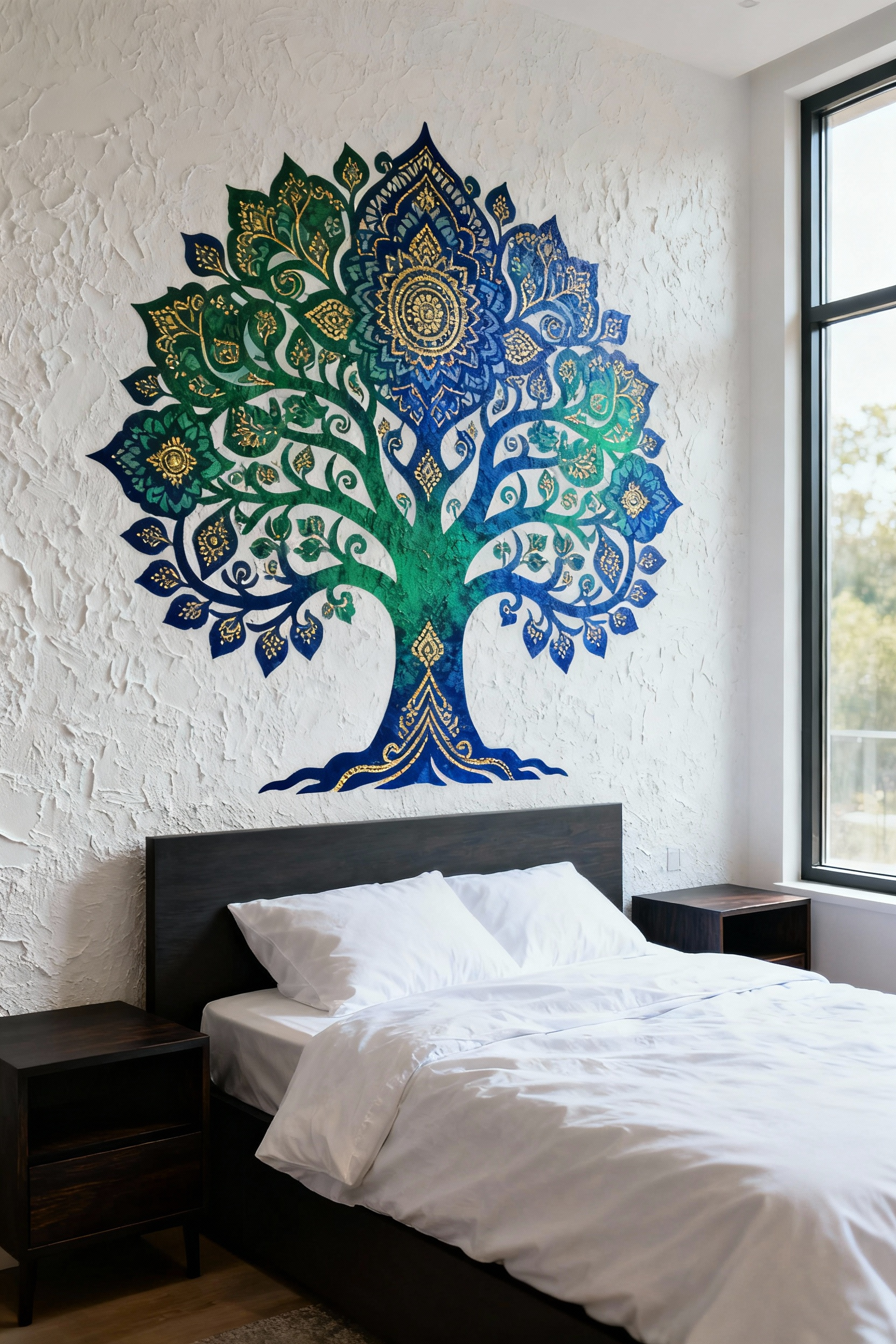 Stylish teen bedroom with a large, vibrant Indo-Contemporary 'Tree of Life' wall decal featuring intricate patterns in rich emerald and sapphire tones with gold accents.