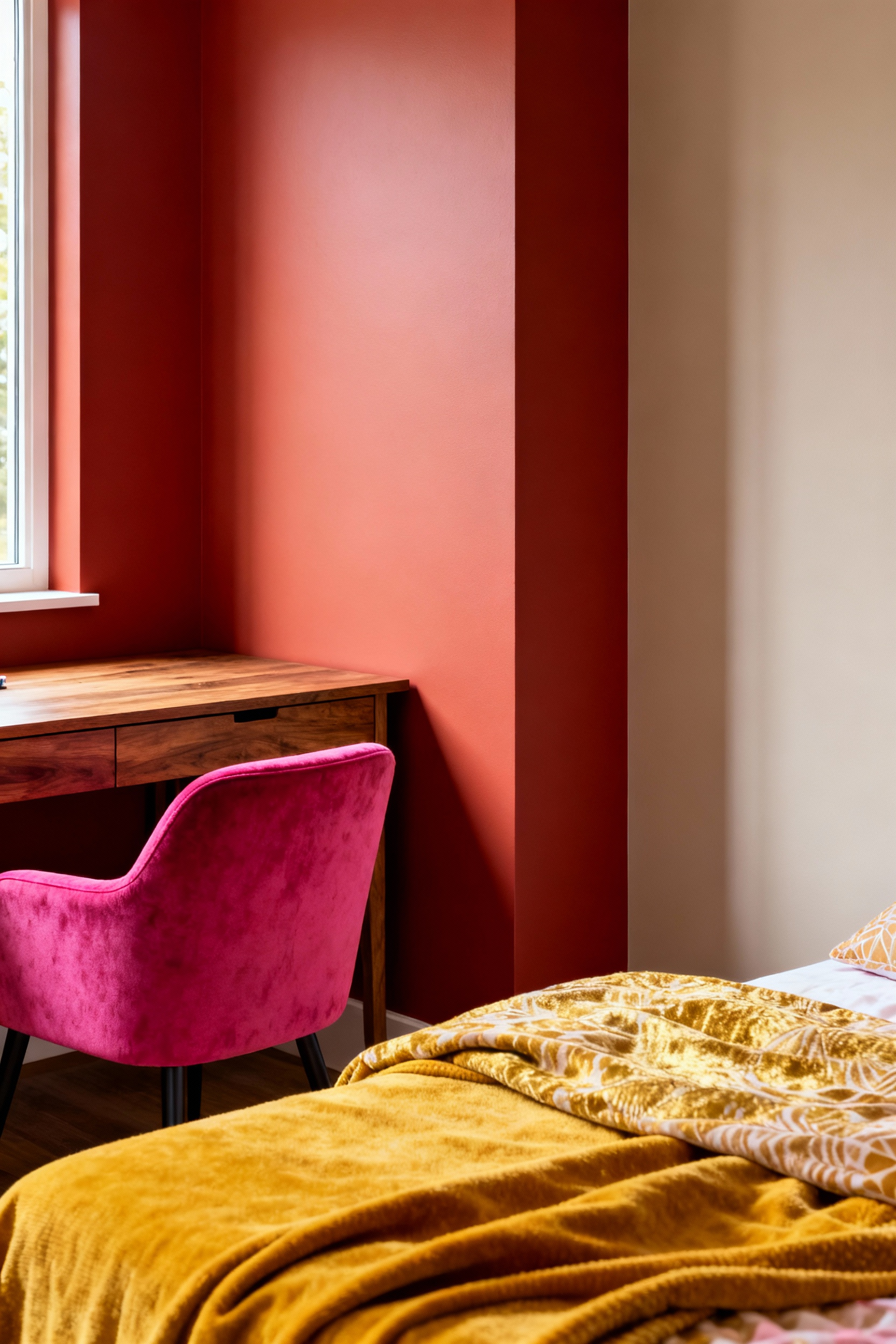 A sophisticated teen's bedroom features a prominent terracotta accent wall, complemented by fuchsia seating and mustard yellow textiles, illustrating a bold, dominant color choice.
