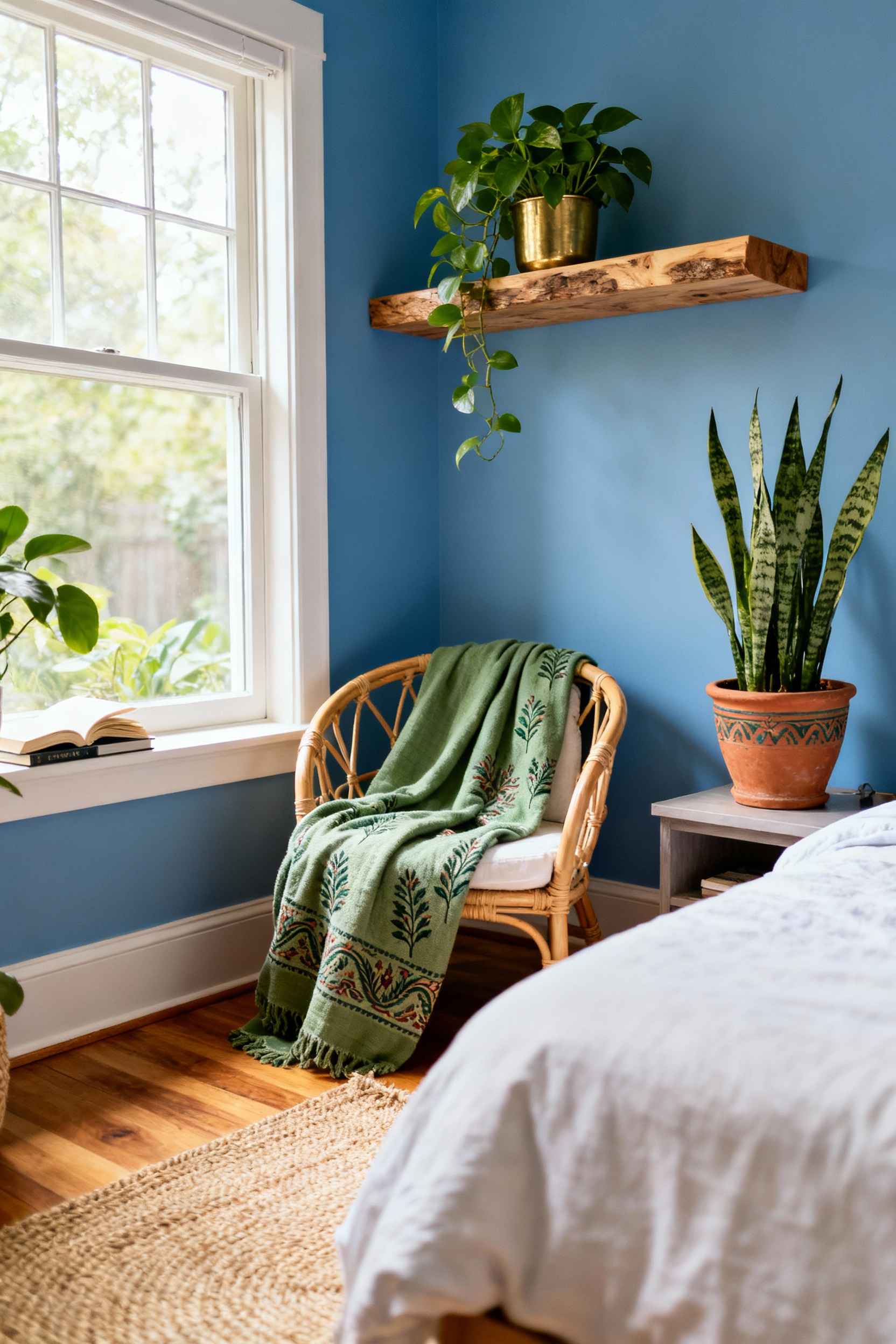 Teen bedroom with biophilic design, featuring abundant natural light, green indoor plants in brass and terracotta planters, rattan furniture, and organic textiles in calming natural colors.