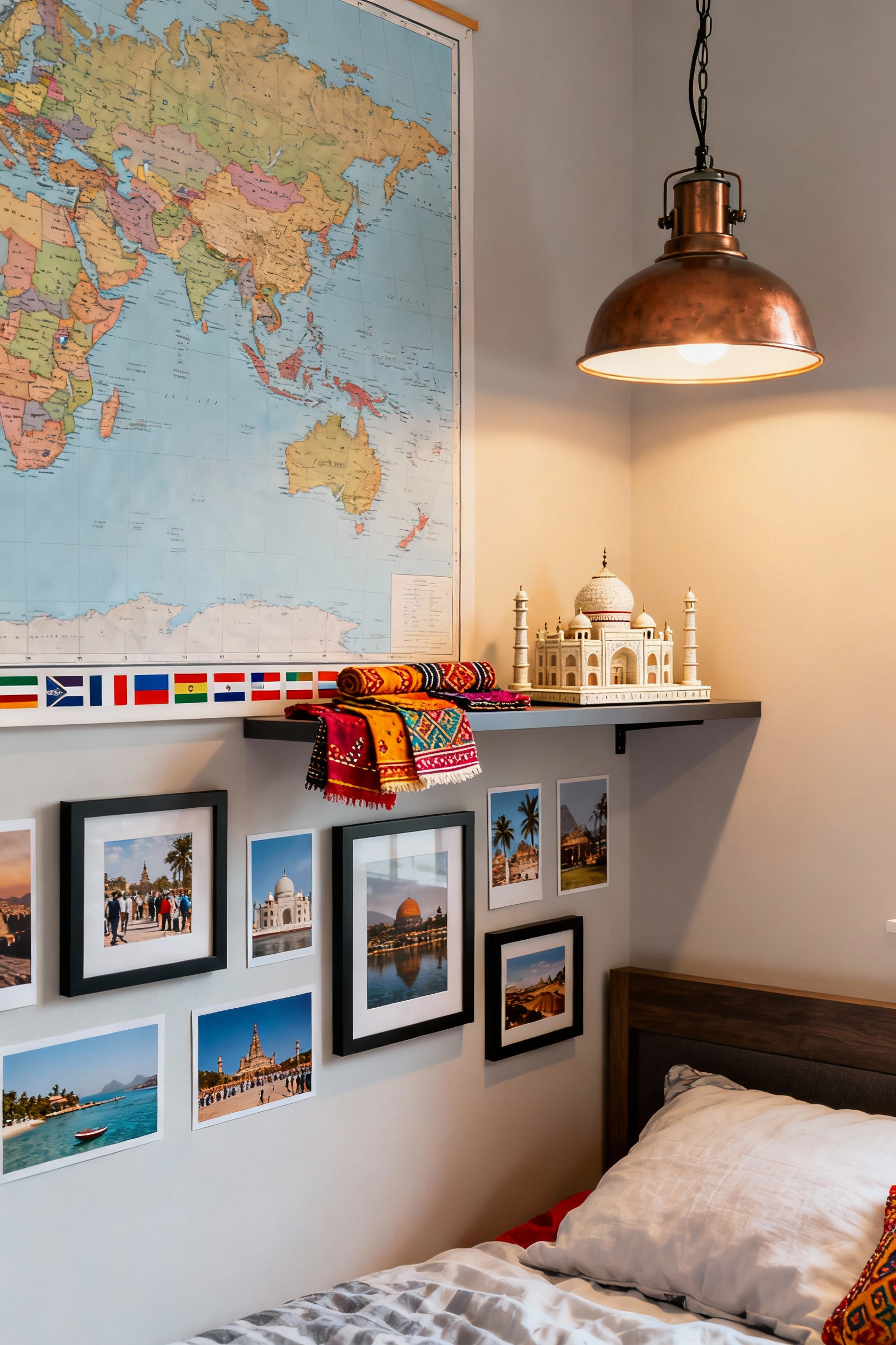 A stylish teen bedroom featuring a vibrant travel-themed vignette with an oversized world map, flags, framed global adventure photos, and cultural souvenirs like a miniature Taj Mahal and Rajasthani textile swatches, lit by an industrial pendant lamp.