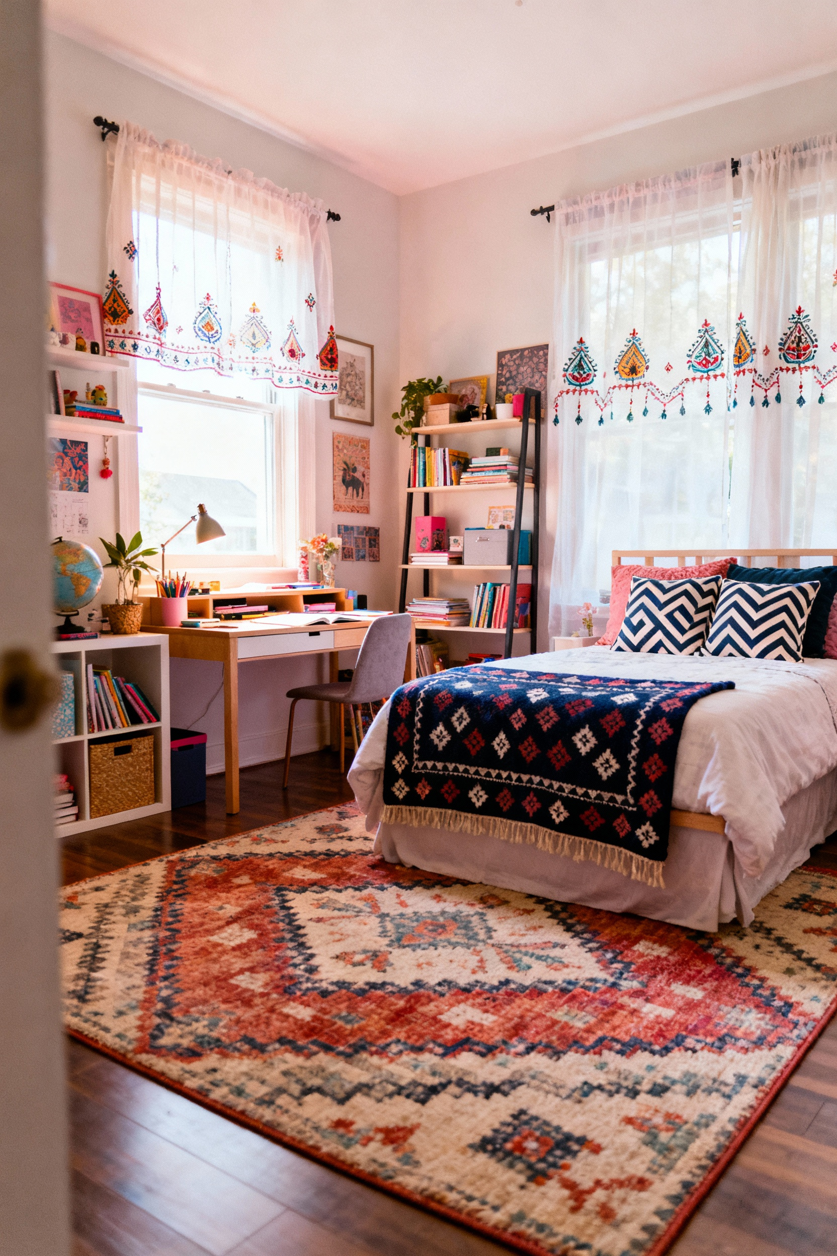 Vibrant Indo-Contemporary teen bedroom featuring a collection of personalized soft furnishings, including patterned throw pillows, a block-printed throw, sheer embroidered curtains, and a large patterned area rug, creating a cozy and unique space.