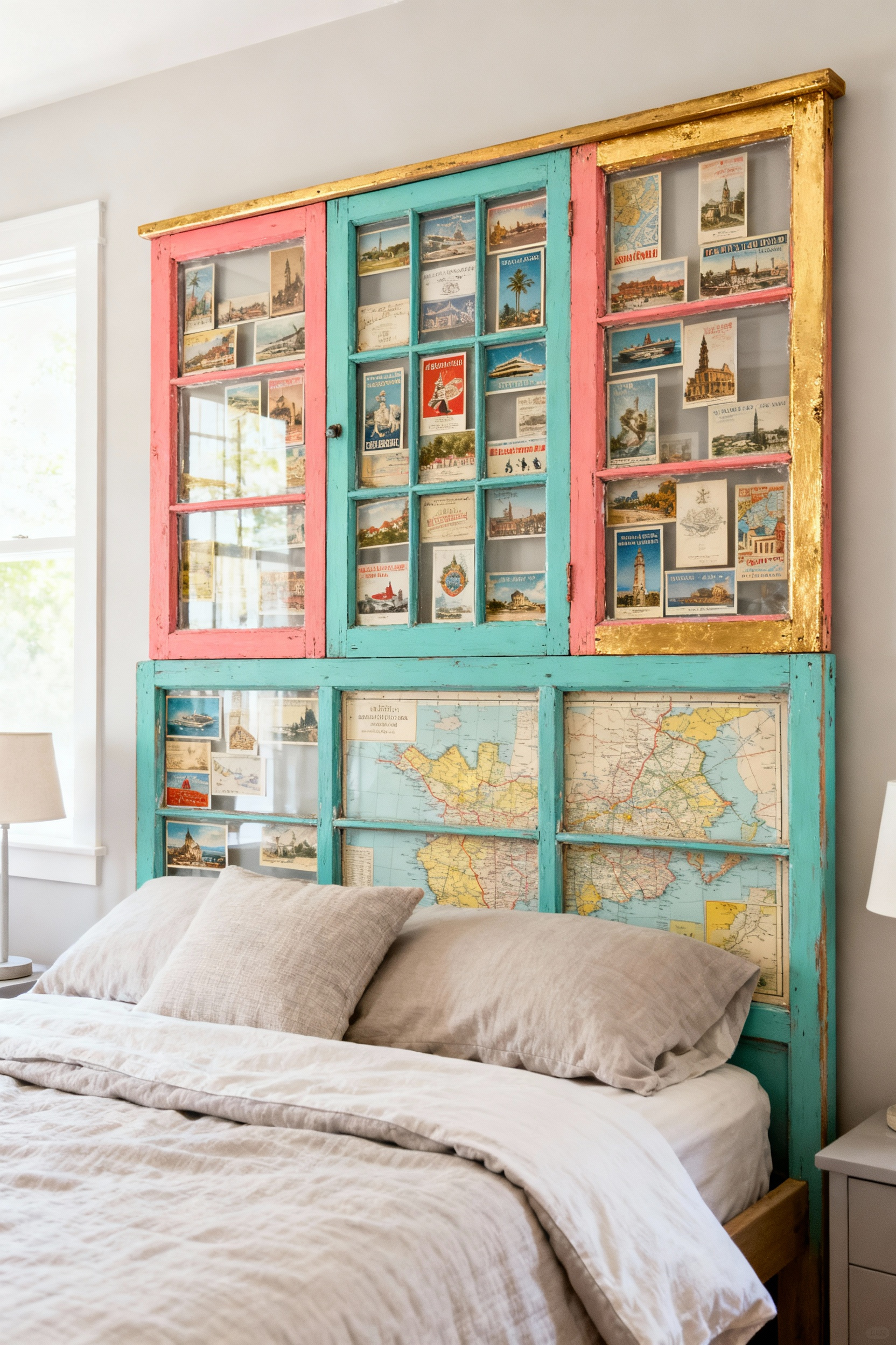 Teen bedroom with a statement headboard made from repurposed vintage window frames, painted in teal, coral, and gold, displaying travel postcards and maps. Focus on unique, upcycled home decor.