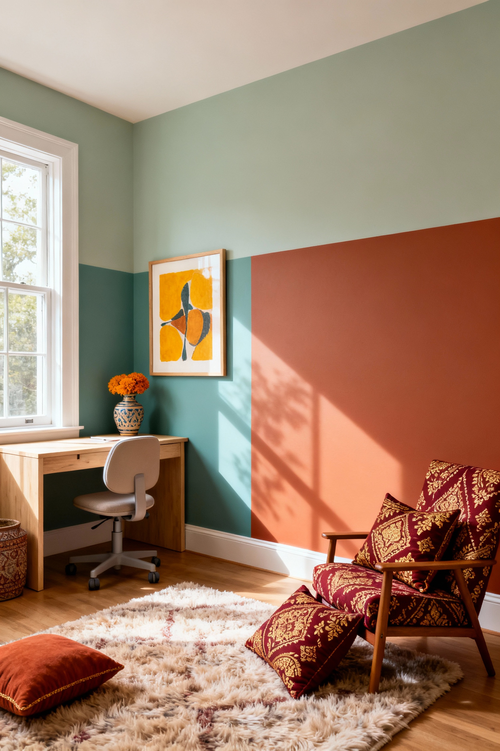 Teen bedroom interior with a balanced Indo-Contemporary color palette, featuring soft sage walls, terracotta accents, marigold art, and culturally inspired textiles, with distinct study and relaxation zones.