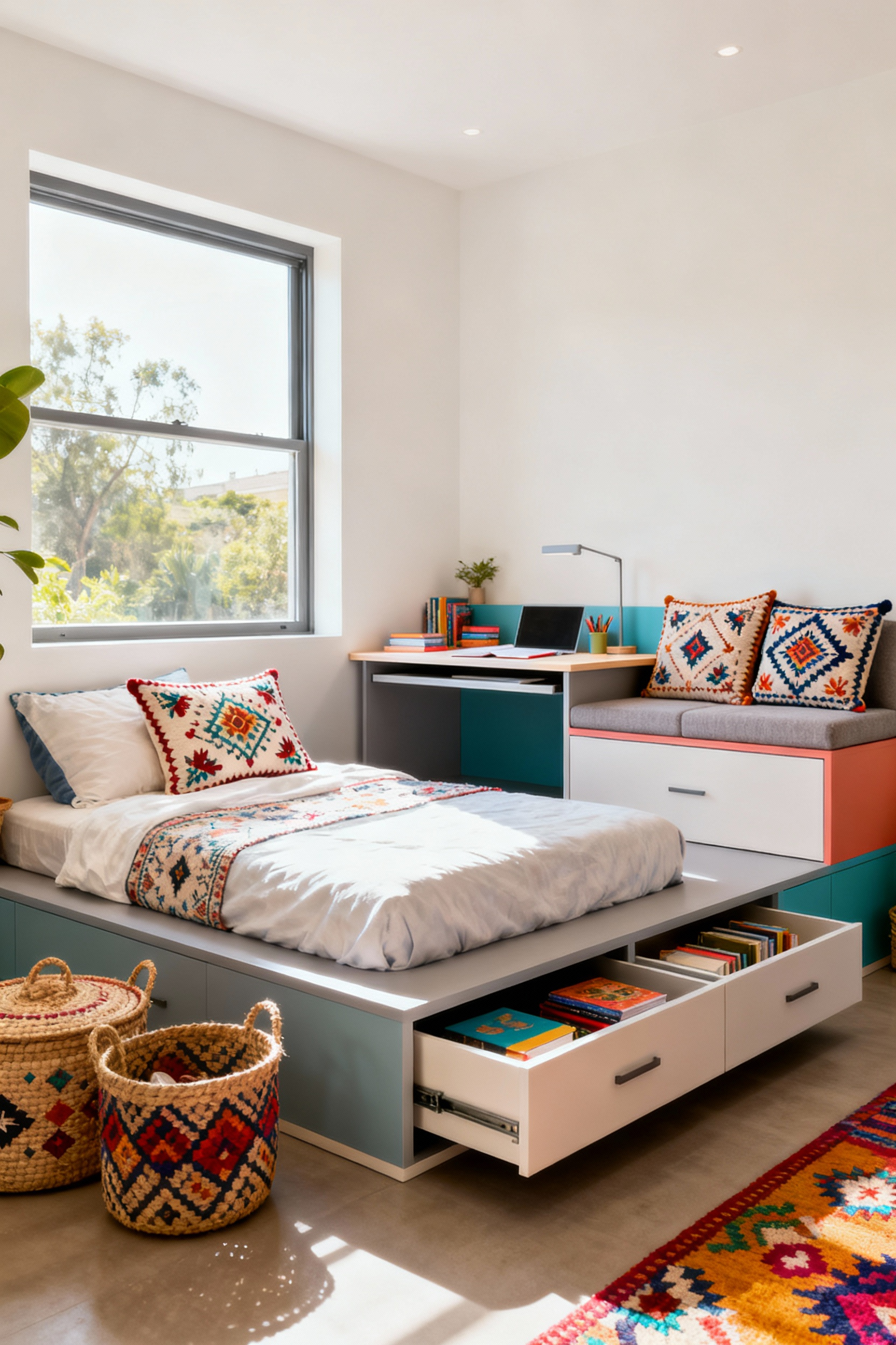 Teen bedroom featuring a multifunctional platform bed with integrated storage and a pull-out desk, alongside modular seating with cultural cushions, demonstrating adaptable furniture arrangements for evolving needs.