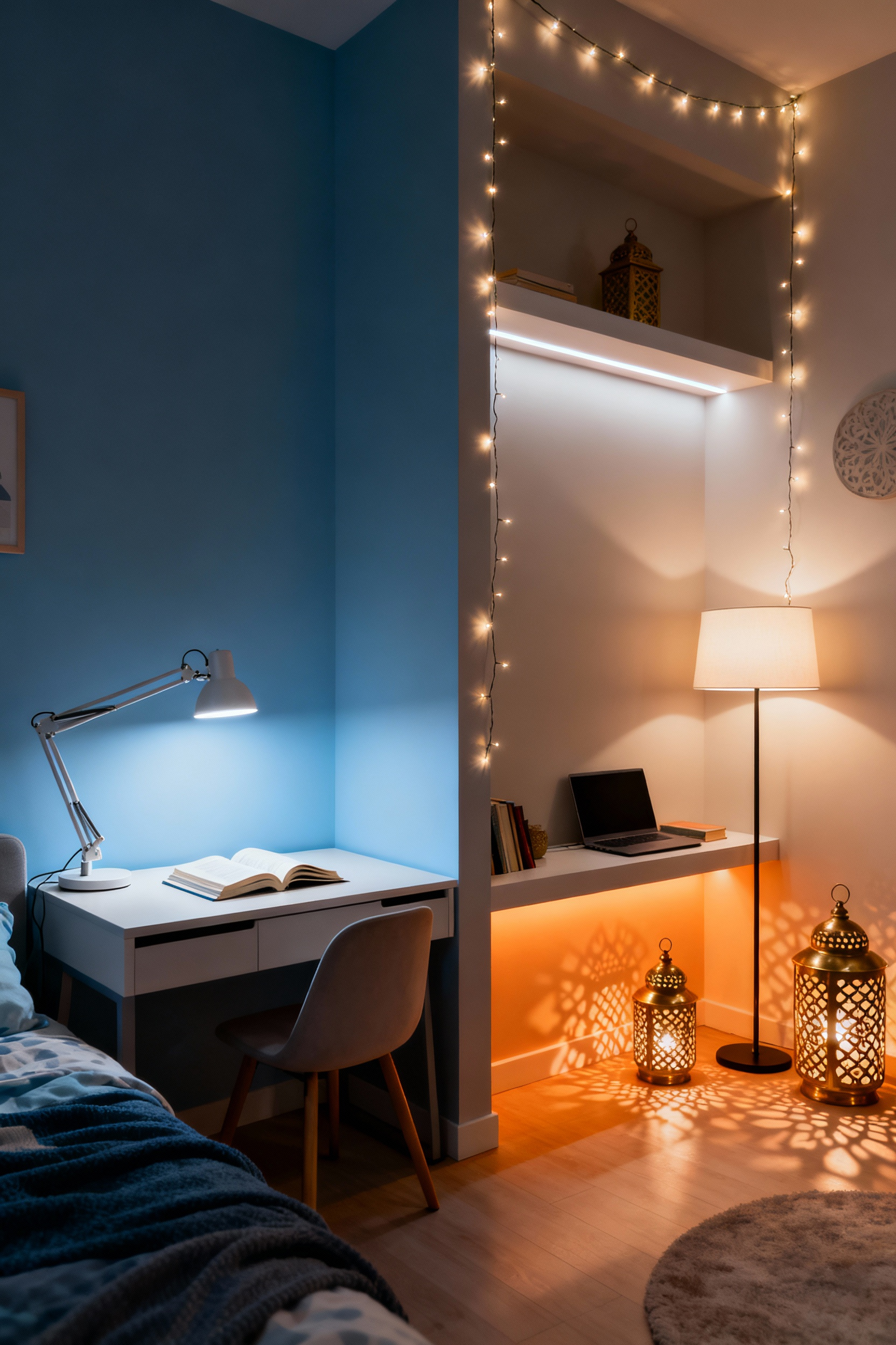 A teen bedroom showcasing optimized lighting zones, including bright, cool task lighting at a desk and warm, dimmable ambient lighting in a relaxation corner, defining functional areas.