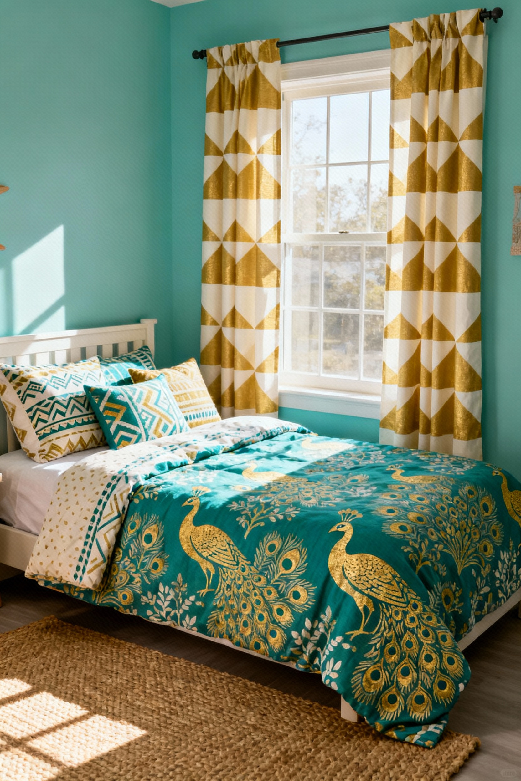 A stylish teen bedroom showcasing expert pattern mixing, featuring an Indian block print duvet, geometric striped curtains, and abstract tribal accent pillows in cohesive teal, gold, and cream tones, creating a dynamic yet harmonious space.