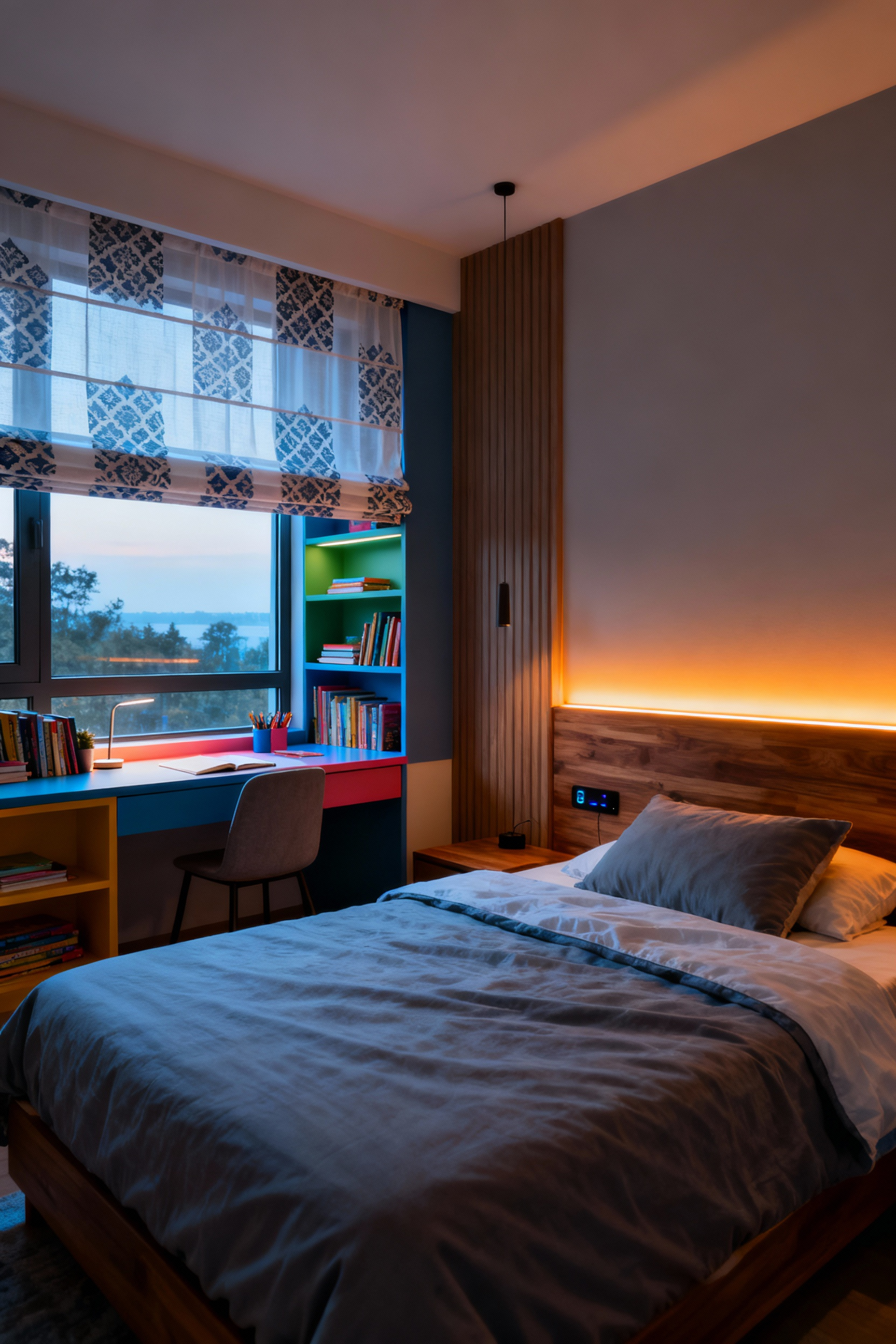 Teen bedroom with smart circadian lighting, featuring both natural cool daylight and warm evening LED ambient light for better sleep and well-being.