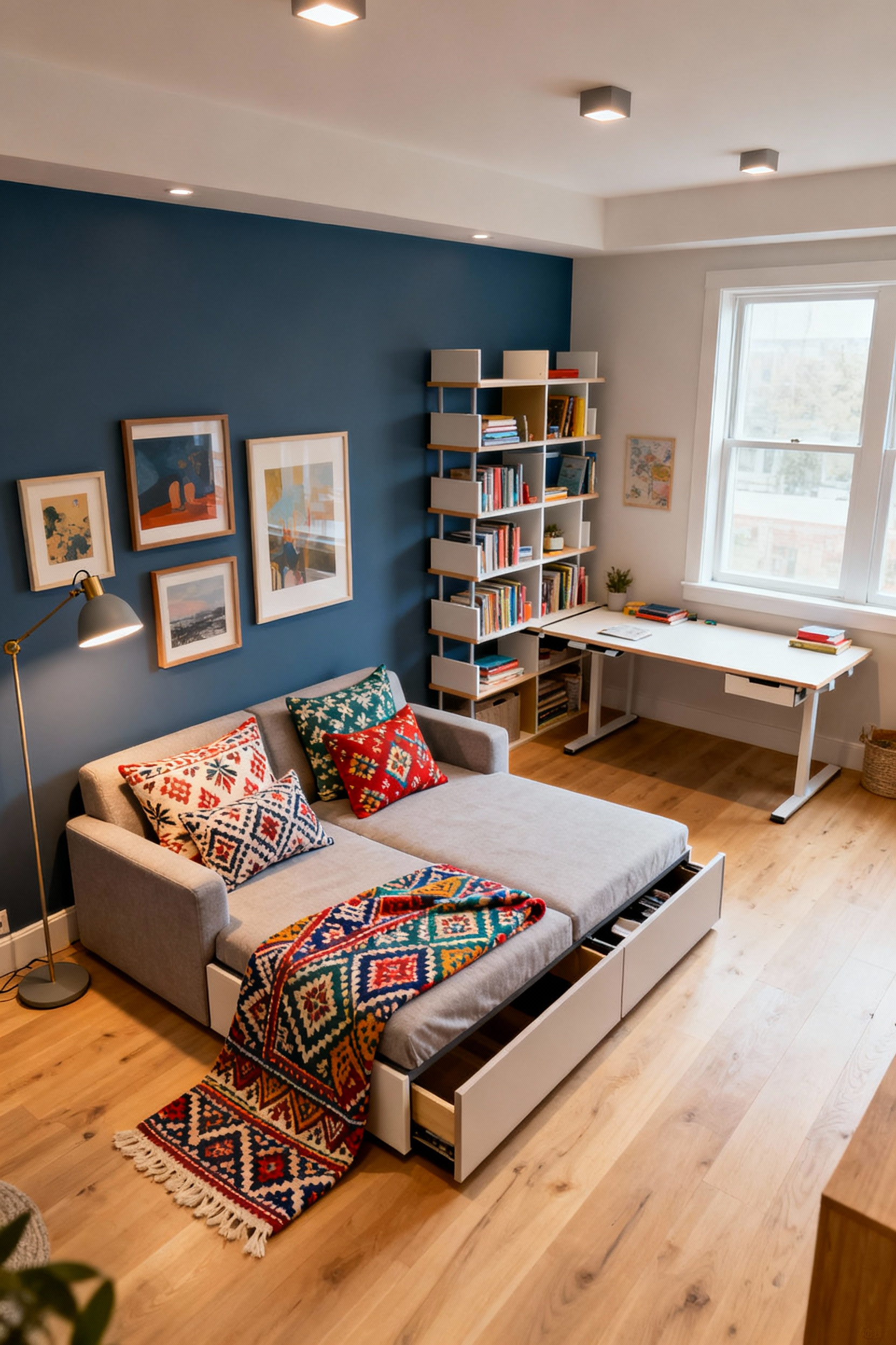 Teen bedroom designed with a flexible system featuring modular sofa bed, stackable shelving, neutral walls, changeable textile accents, and adaptable lighting, ready for future evolution.