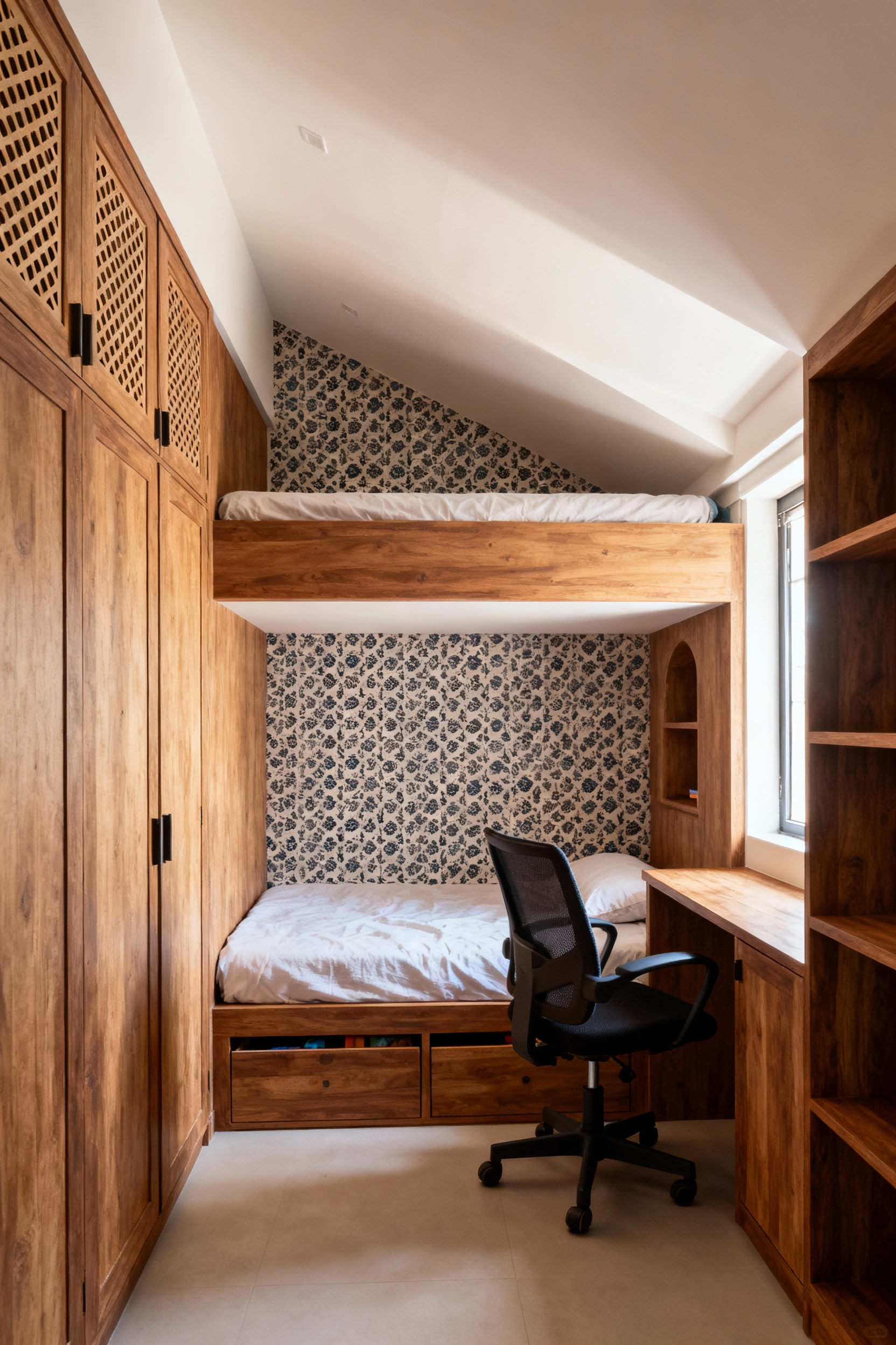 Portrait photo of a teen bedroom featuring bespoke joinery: a multi-level unit with an integrated study desk, storage, and bed, designed to fit an awkward corner, showcasing a blend of natural wood and Indo-Contemporary accents under bright natural light.