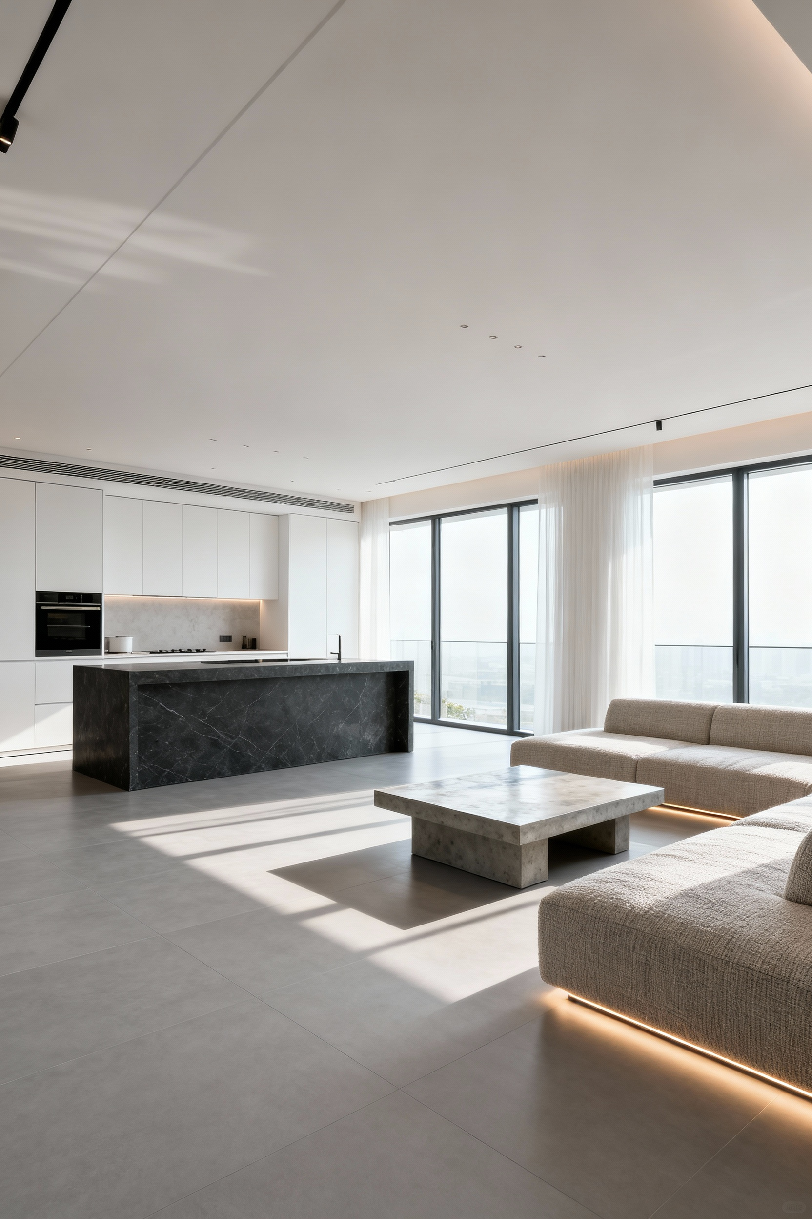 A modern, open-concept kitchen and living area showcasing large-format porcelain tile flooring that seamlessly connects both zones without thresholds or visual interruptions.