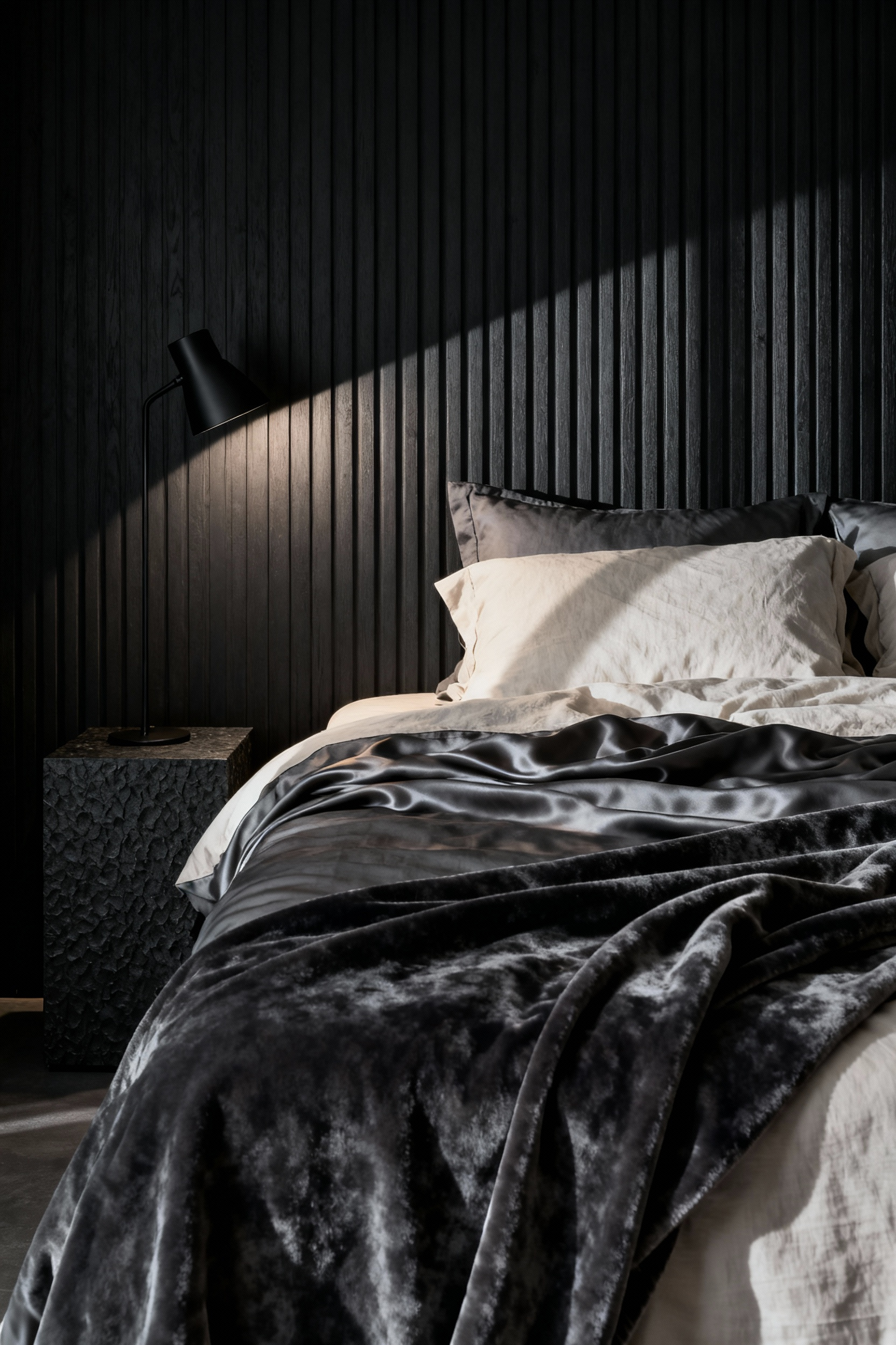 Sophisticated bedroom decor designed for evening hours, showcasing monochromatic slate gray textures, fluted wood paneling, and dramatic low-key lighting that emphasizes shadows and surface depth.