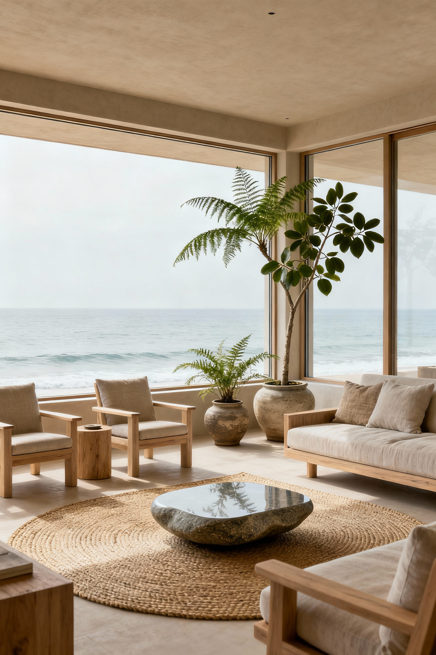 Serene Shinrin-Yoku inspired coastal living room with biophilic design, large windows, natural light, indoor plants, and a minimalist aesthetic for tranquility.