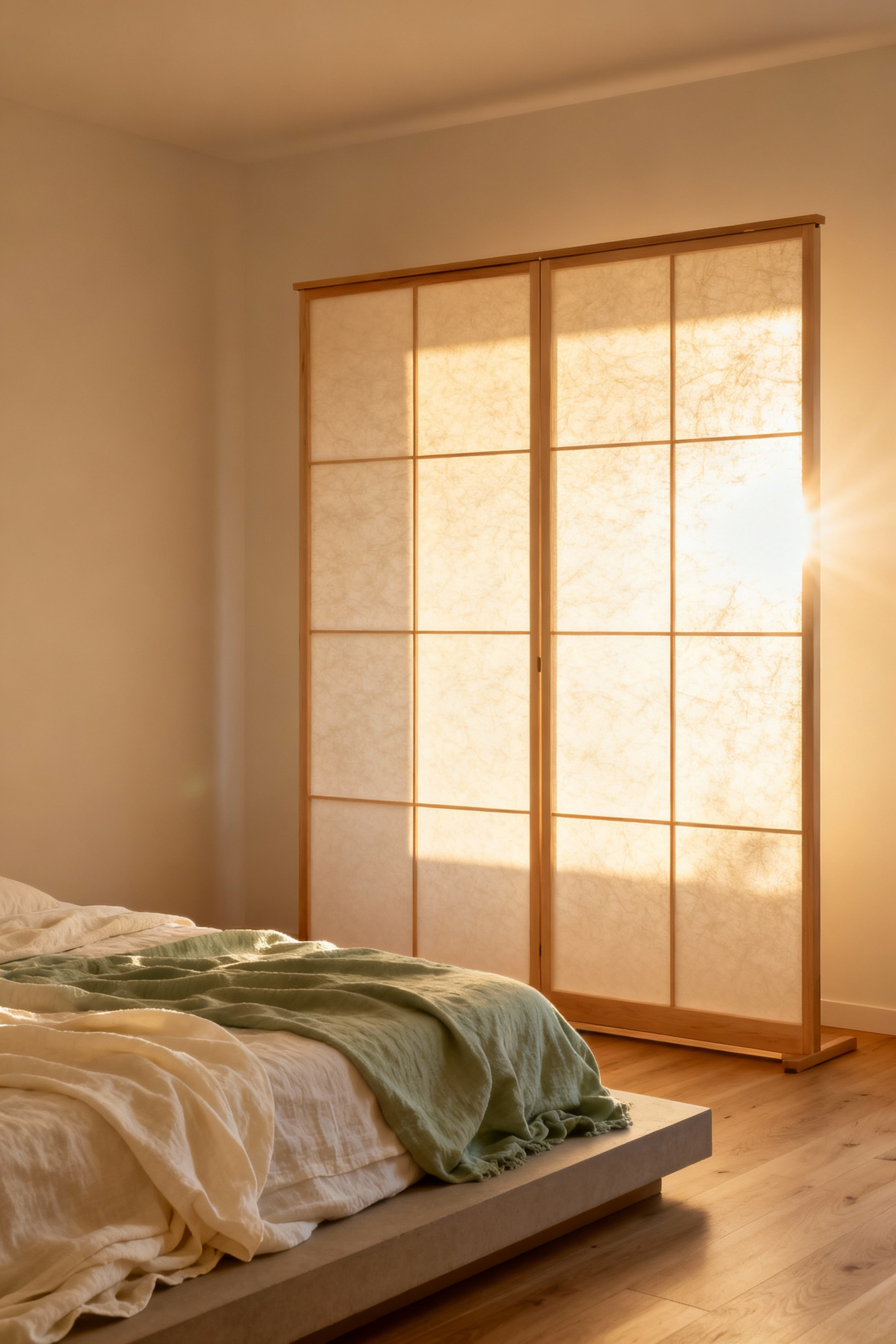 Serene bedroom decor featuring a minimalist low platform bed and a traditional Shoji screen diffusing warm morning light to create a tranquil partitioning effect.