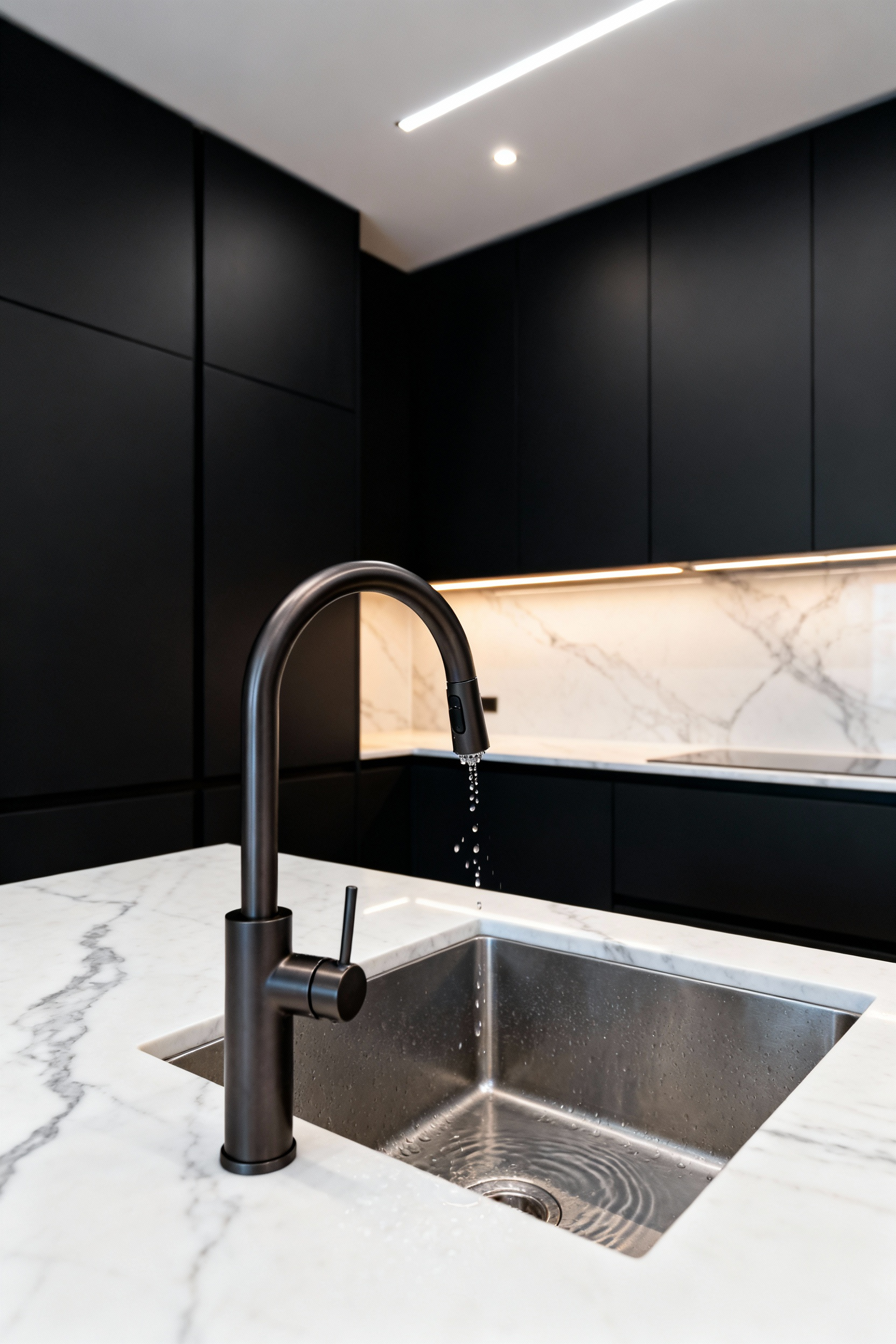A sleek, minimalist modern kitchen sink area featuring a high-arc, Gunmetal touchless faucet mounted on a light, veined marble countertop, emphasizing hygiene and sophisticated technological design.