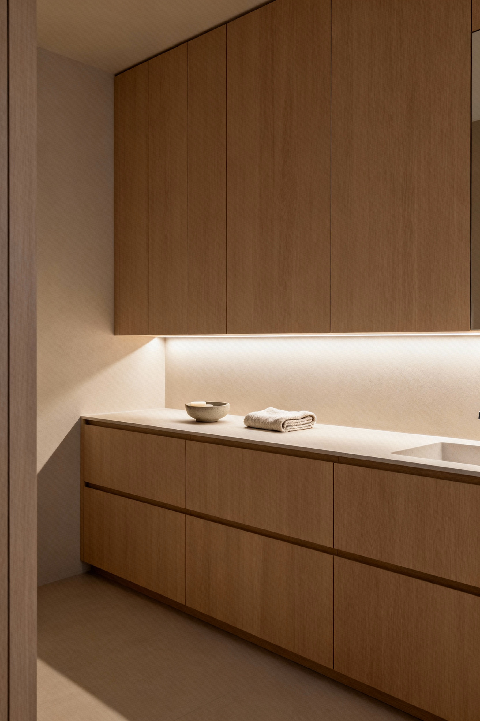 A tranquil, minimalist bathroom with built-in wooden cabinetry and a recessed shelf. On the shelf, a few carefully selected ceramic and linen bathroom essentials are elegantly arranged, illustrating anticipatory design and thoughtful procurement that prevents clutter.
