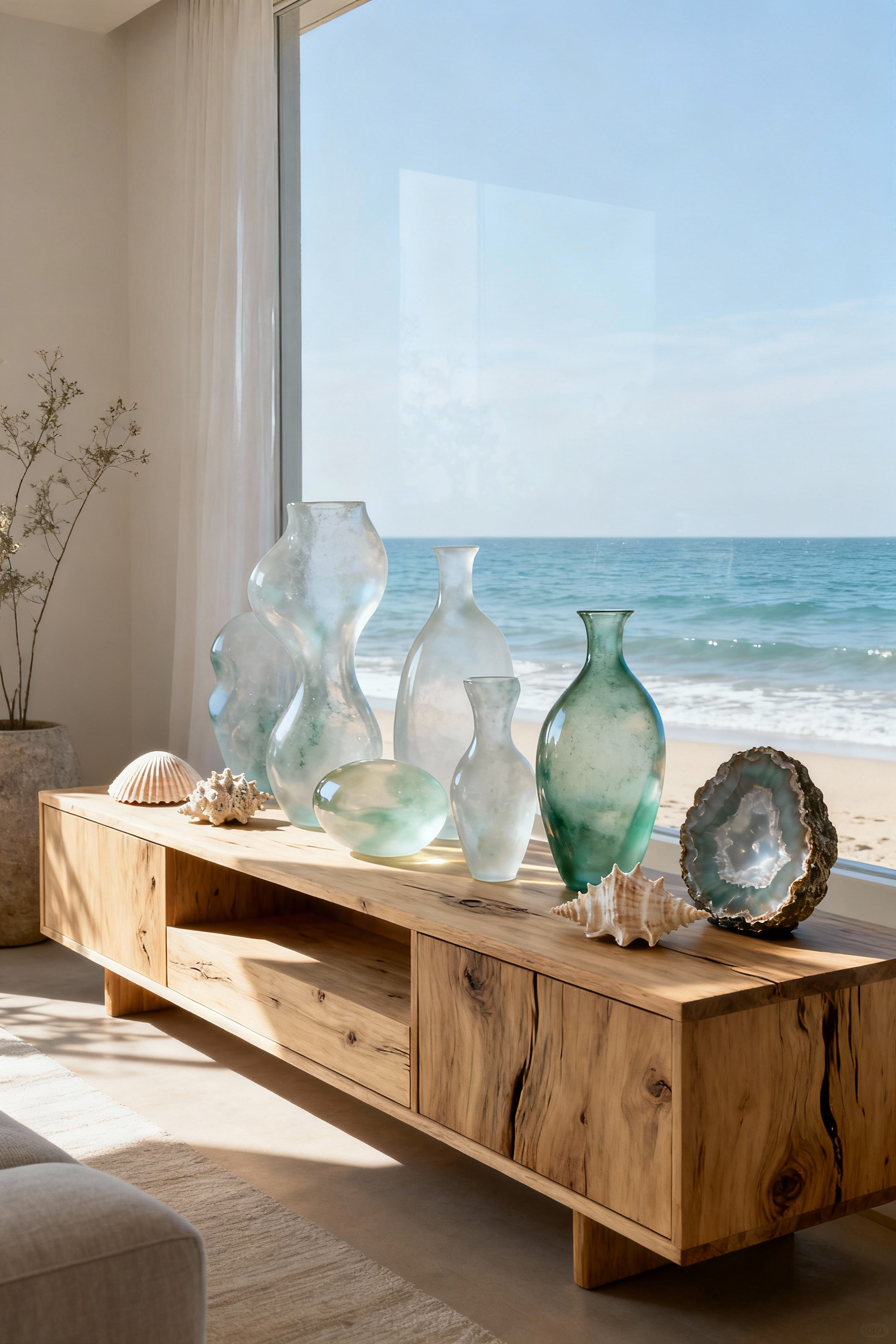 Coastal living room decor with translucent elements, including artisan glass, natural shells, and polished agate, reflecting natural light for a Japanese aesthetic.