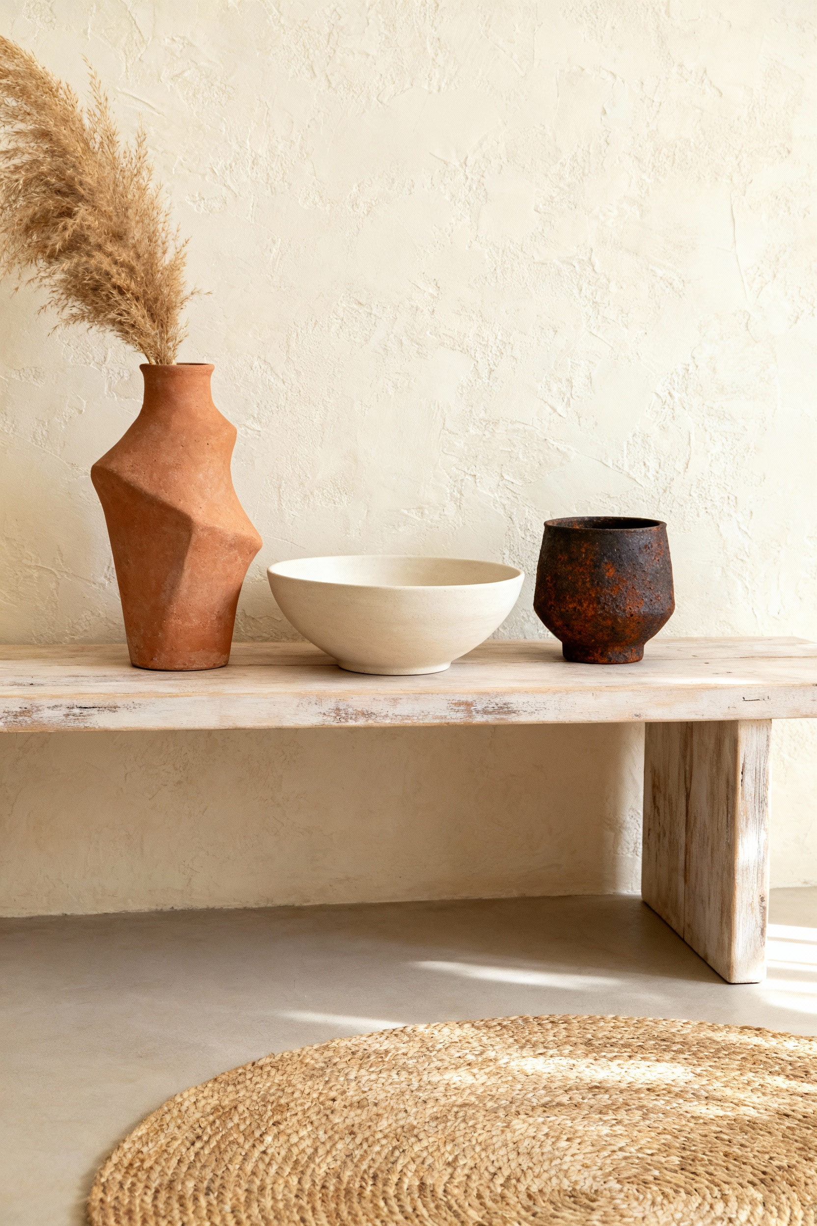 A grouping of handcrafted artisanal ceramic vases and bowls in terracotta, ivory, and rust colors, displaying matte unglazed finishes on a natural wood surface in a bohemian-style room.