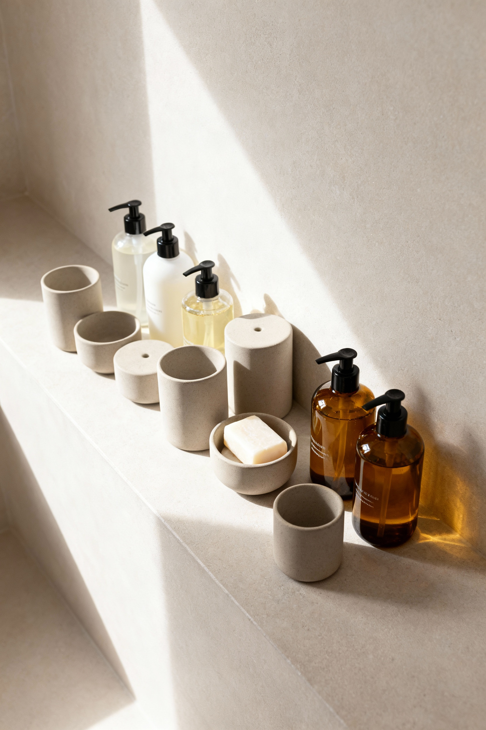 Minimalist bathroom counter showcasing uniform matte ceramic and amber glass dispensers for toiletries, arranged to achieve visual coherence and product harmony.