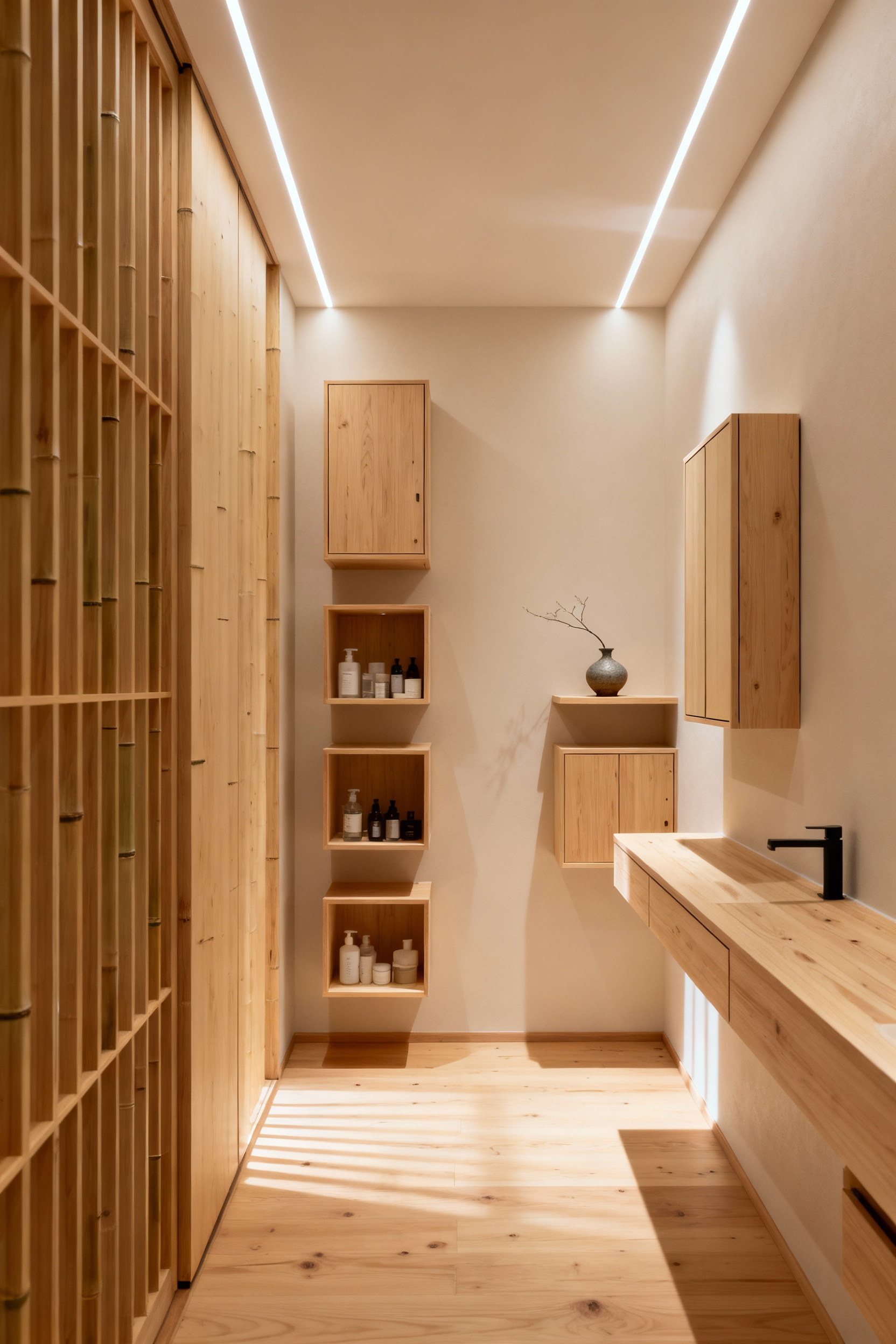 A minimalist Japanese bathroom featuring natural hinoki cypress wood wall-mounted apothecary cabinets and stackable bamboo tiered storage units, creating vertical organization. The serene space has soft lighting, an uncluttered aesthetic, and a tranquil ambiance.