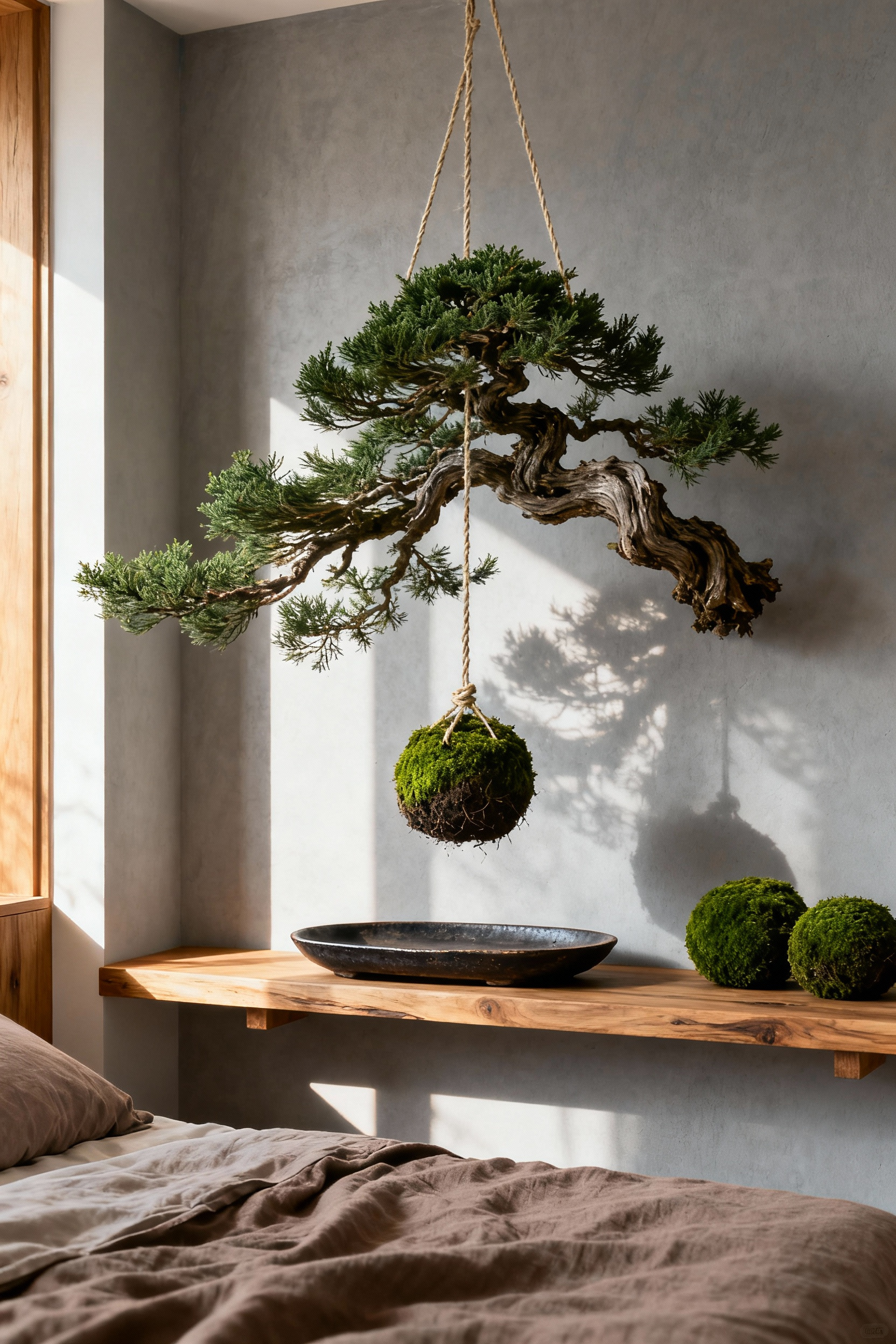 Modern minimalist bedroom featuring a mature wind-swept bonsai tree and hanging kokedama moss balls on a floating shelf, illustrating wabi-sabi decor.