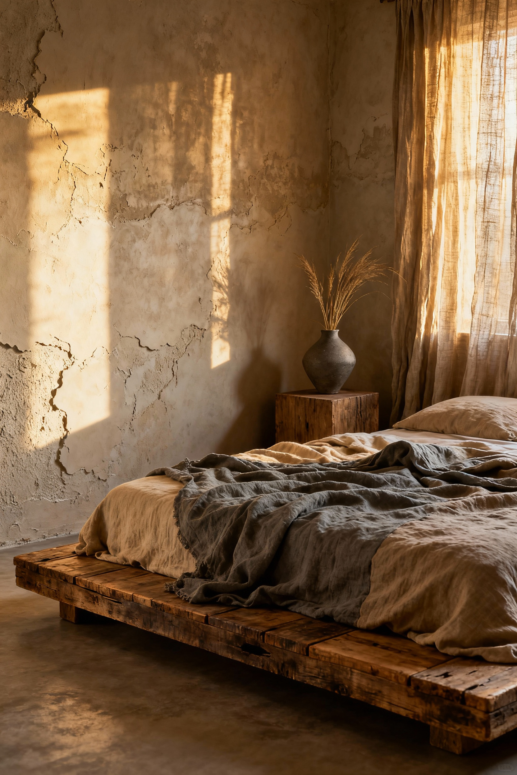 A photograph of a tranquil Wabi-Sabi bedroom featuring rumpled linen bedding, uneven plaster walls, reclaimed wood furniture, and soft morning light, embodying rustic simplicity and comfort.