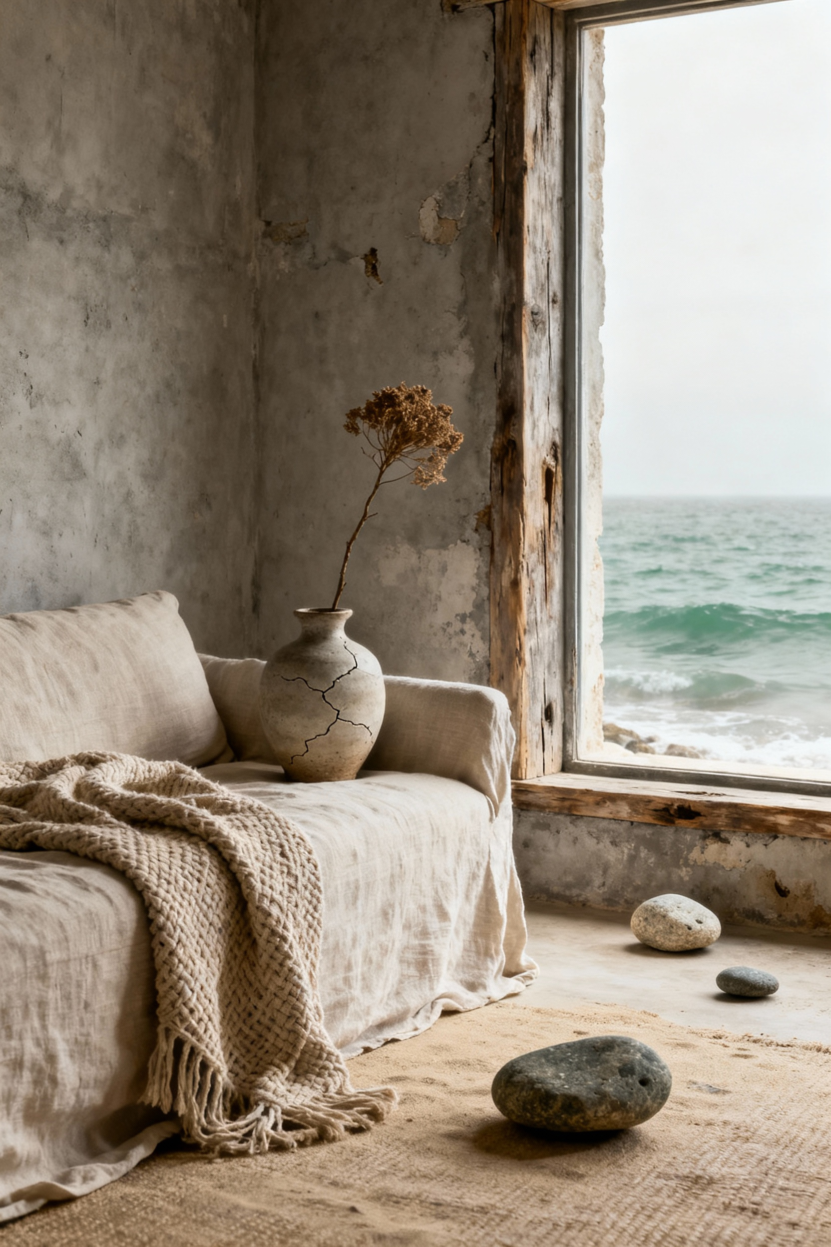 Wabi-sabi coastal living room interior with aged wood furniture, linen textiles, hand-thrown ceramics, soft natural light, and organic forms, embodying impermanence and natural beauty.