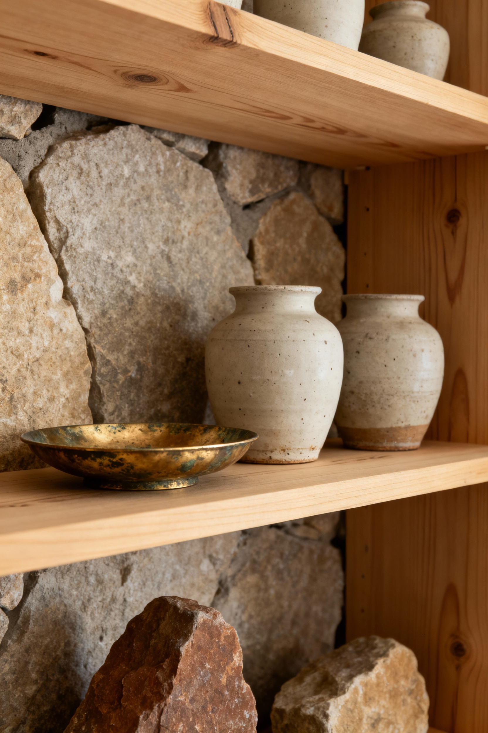 Wabi-Sabi inspired bathroom storage with untreated wooden shelves, handcrafted unglazed ceramic pots, and an aged brass dish, under soft natural lighting, showing the beauty of authentic, imperfect materials.