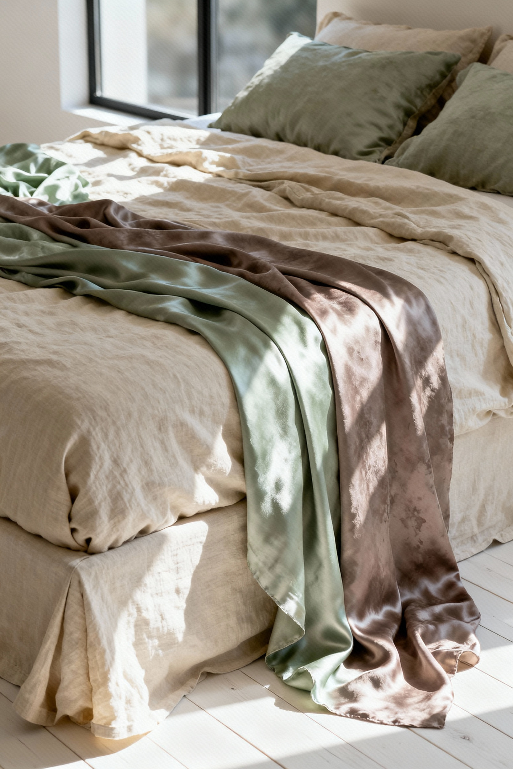 A luxuriously layered bed featuring soft washed linen base bedding juxtaposed with contrasting raw silk accent throws and pillows in a serene, organically styled bedroom, emphasizing tactile comfort and sophisticated texture.